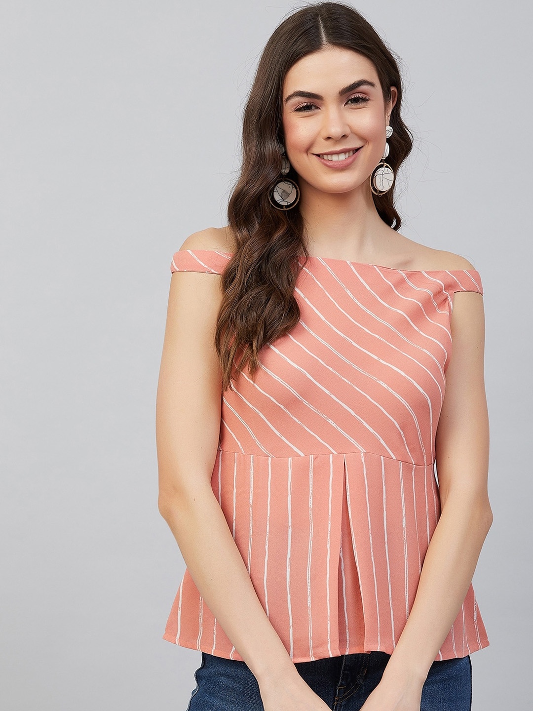 

Carlton London Peach-Coloured & White Candy Striped Off-Shoulder Crepe Bardot Top