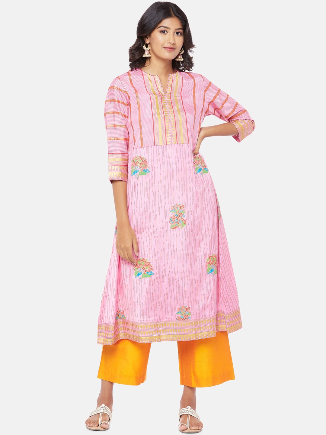 RANGMANCH BY PANTALOONS Women Pink & Gold-Toned Striped Kurta