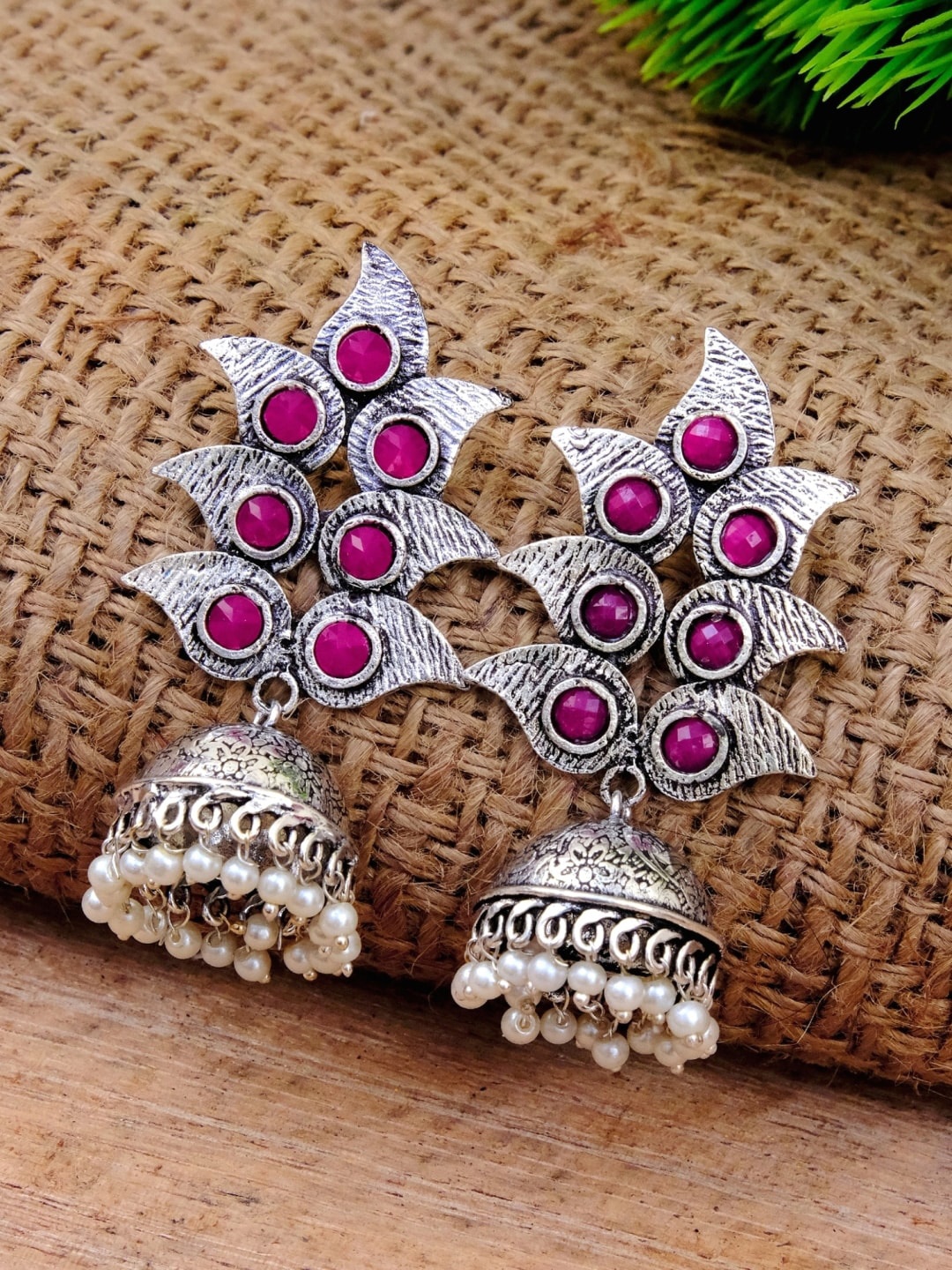 

Crunchy Fashion Oxidized Silver-Plated Pink & White Studded Dome Shaped Jhumkas