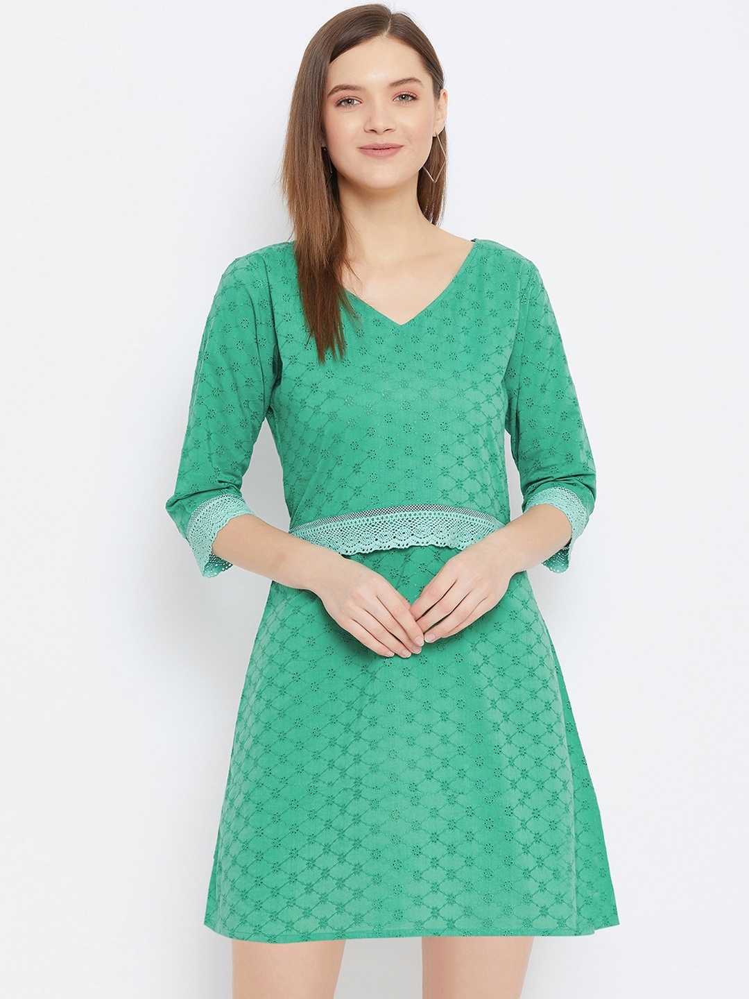 

Bitterlime Women Green Schiffli Cotton A-Line Dress