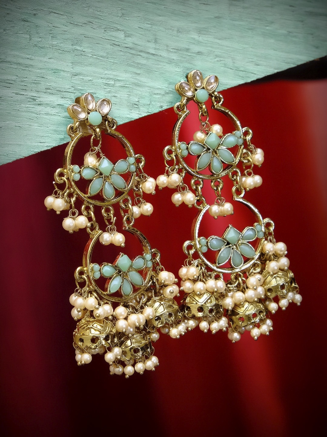 

Crunchy Fashion Green & White Antique Gold-Plated Handcrafted Studded Classic Jhumkas