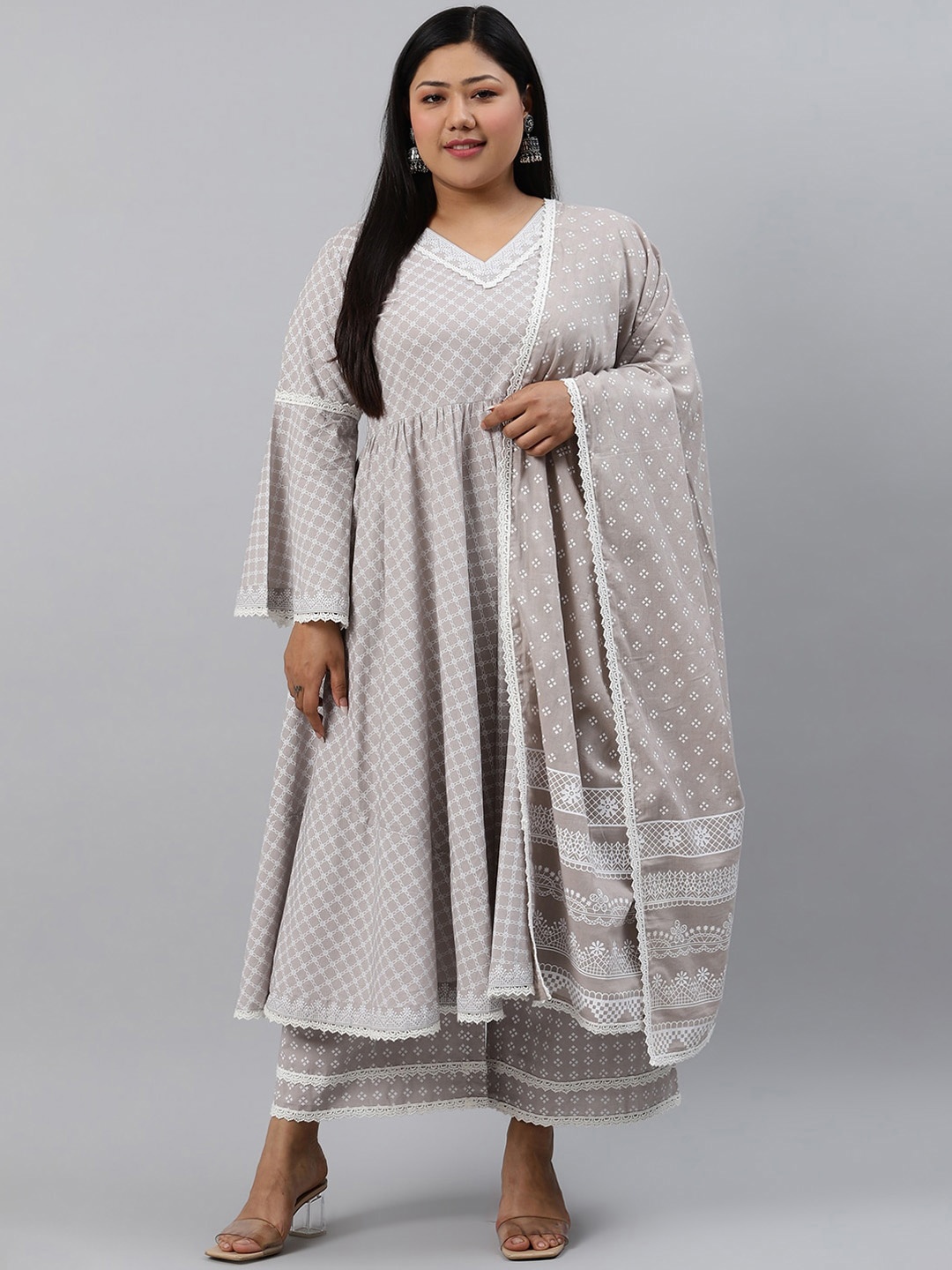 EXTRA LOVE BY LIBAS Plus Size Printed Anarkali Kurta with Palazzos & Dupatta, Grey