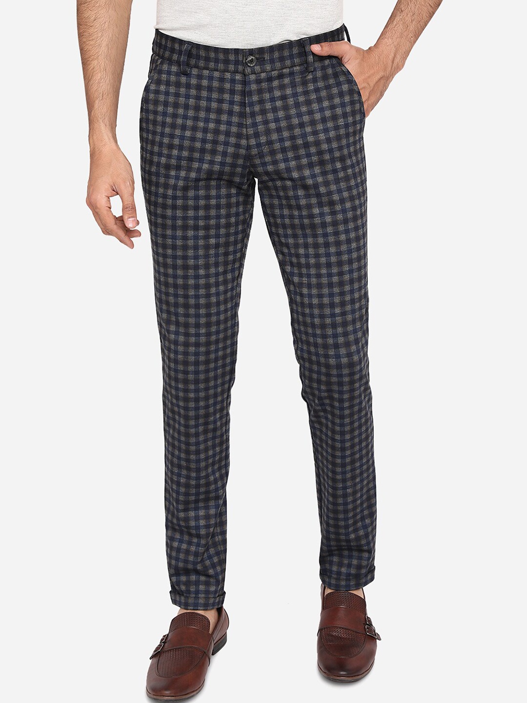 

JADE BLUE Men Blue Slim Fit Checked Pure Cotton Chinos