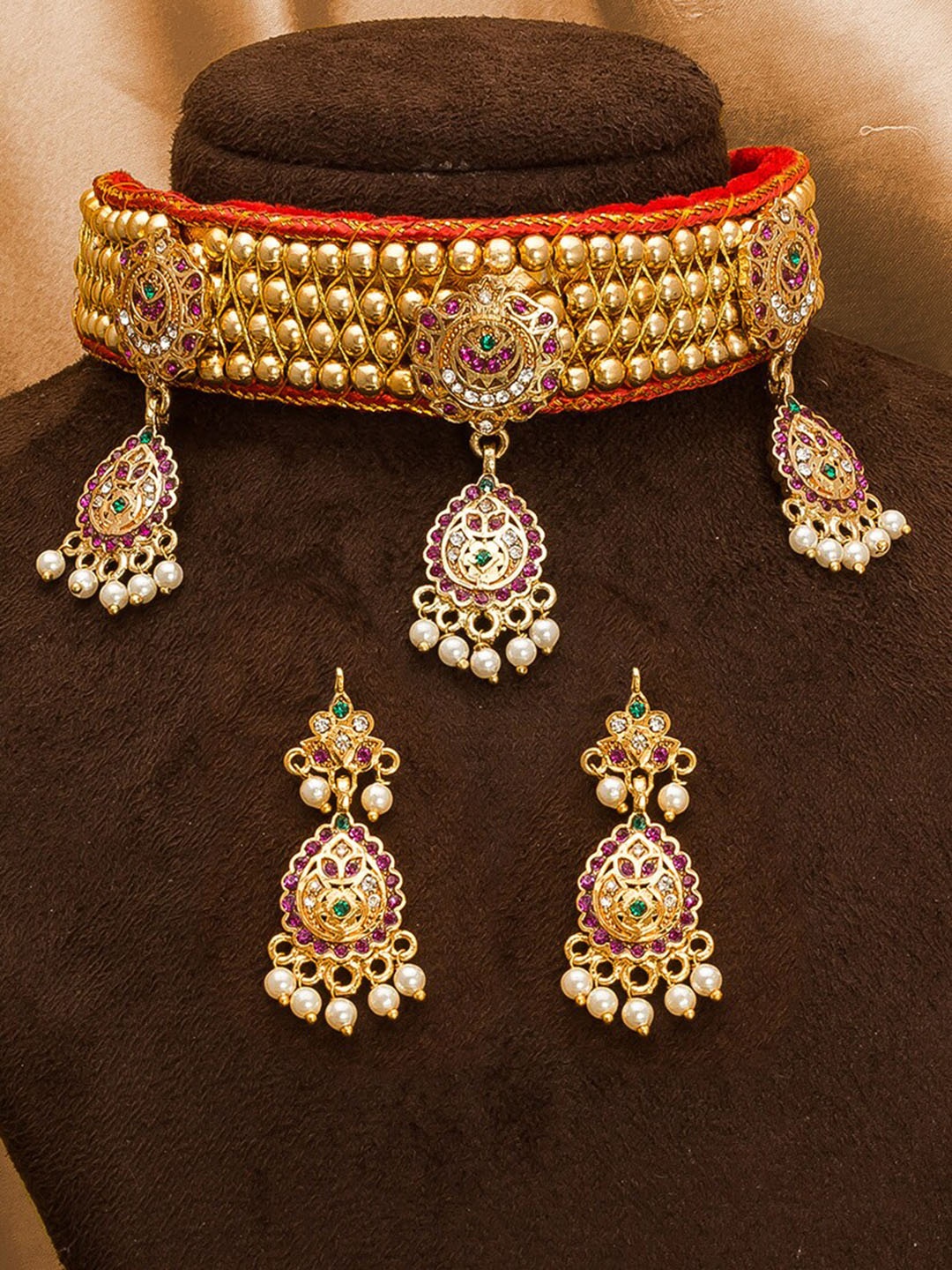 

aadita Gold-Toned & Pink Stone-Studded Beaded Temple Jewellery Set