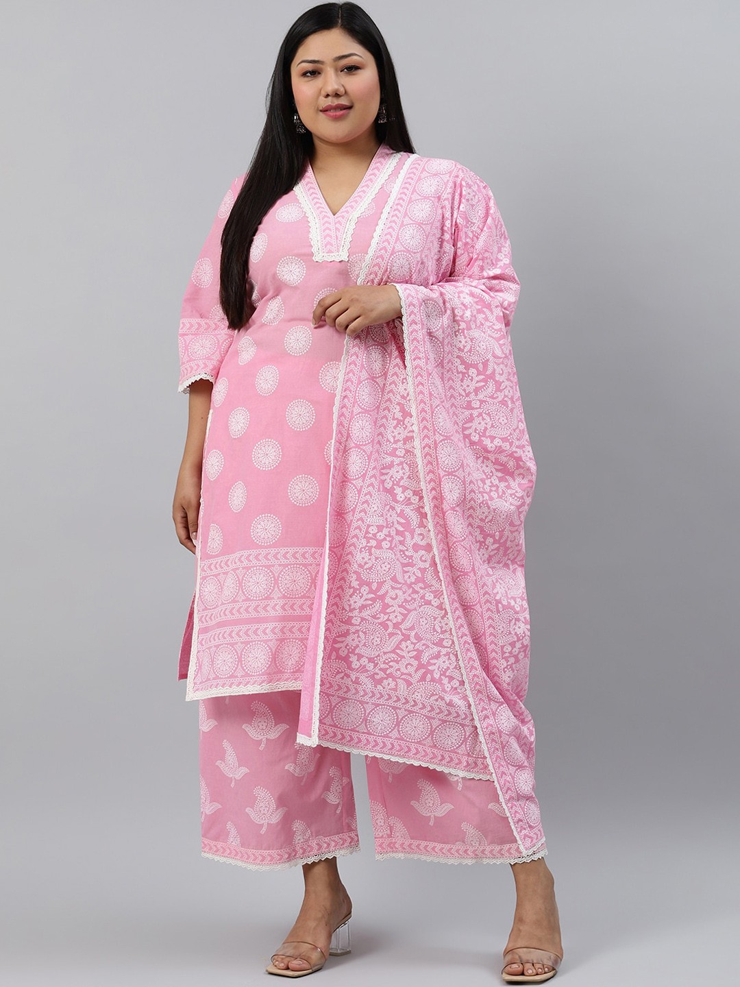 

EXTRA LOVE BY LIBAS Women Plus Size Pink Printed Cotton Kurta with Palazzos & Dupatta