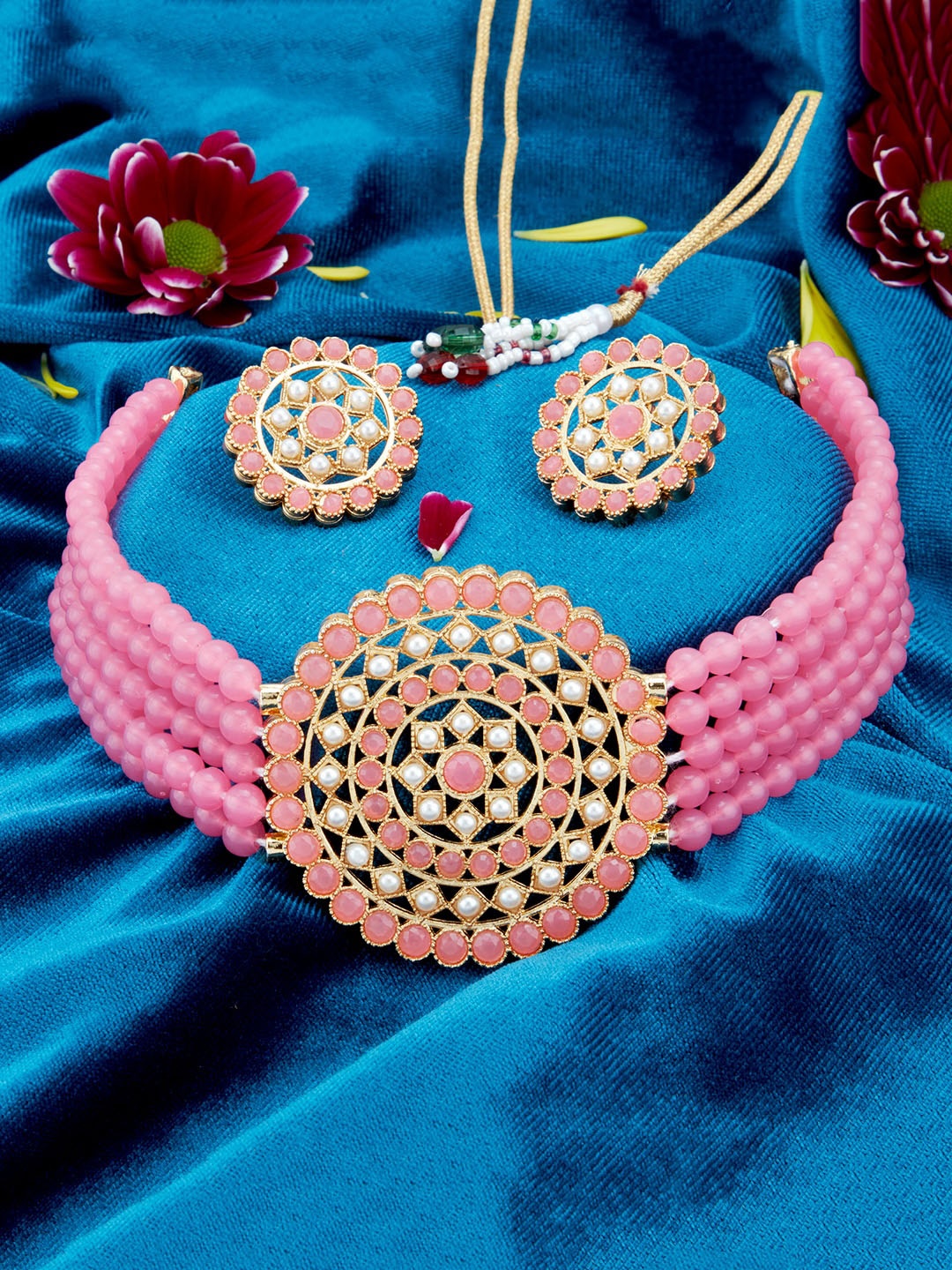 

Sukkhi Gold-Plated Pink & White Pearl-Studded Beaded Sustainable Jewellery Set