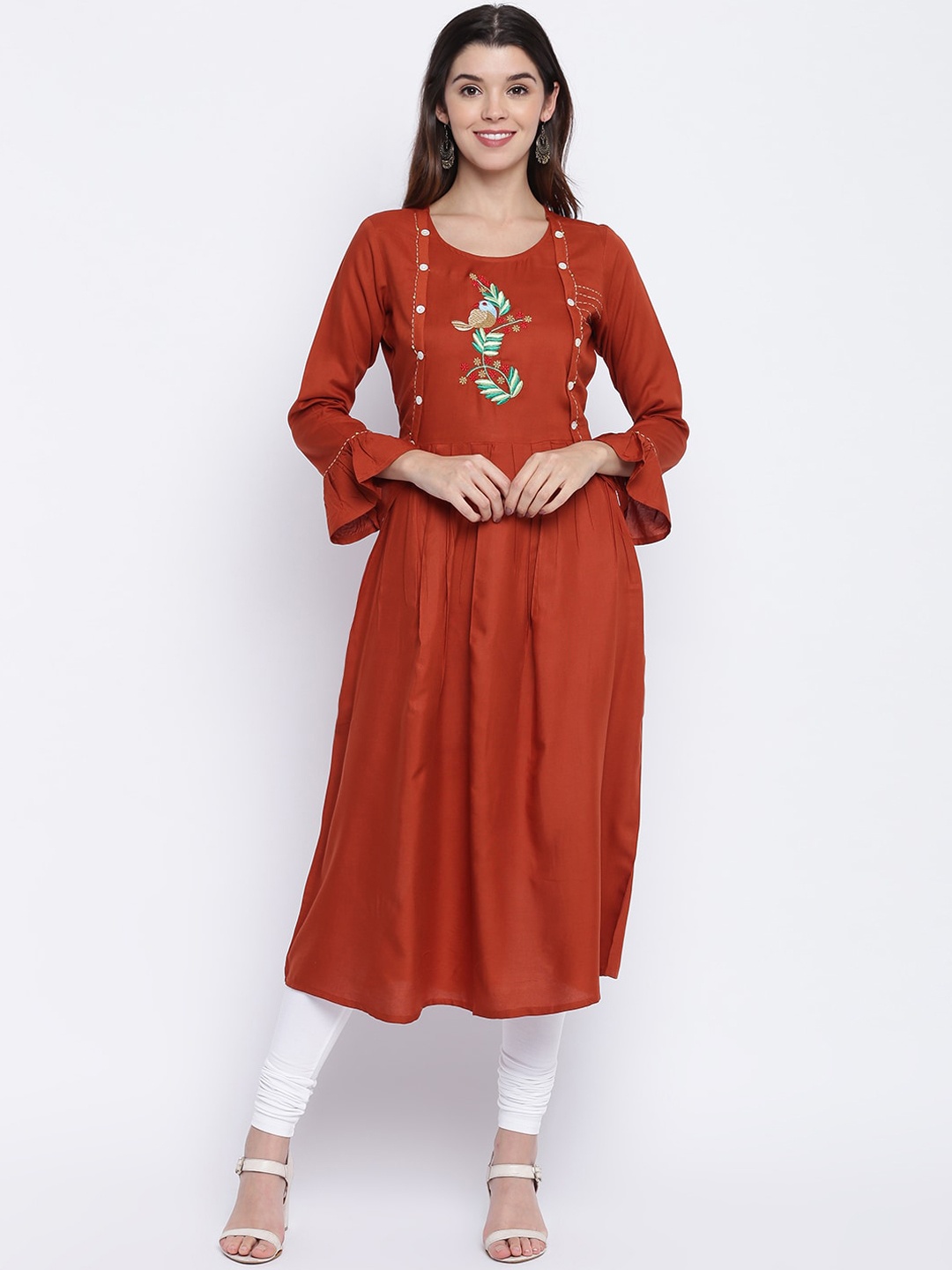

Vbuyz Women Brown Ethnic Motifs Embroidered Flared Sleeves Thread Work Kurta