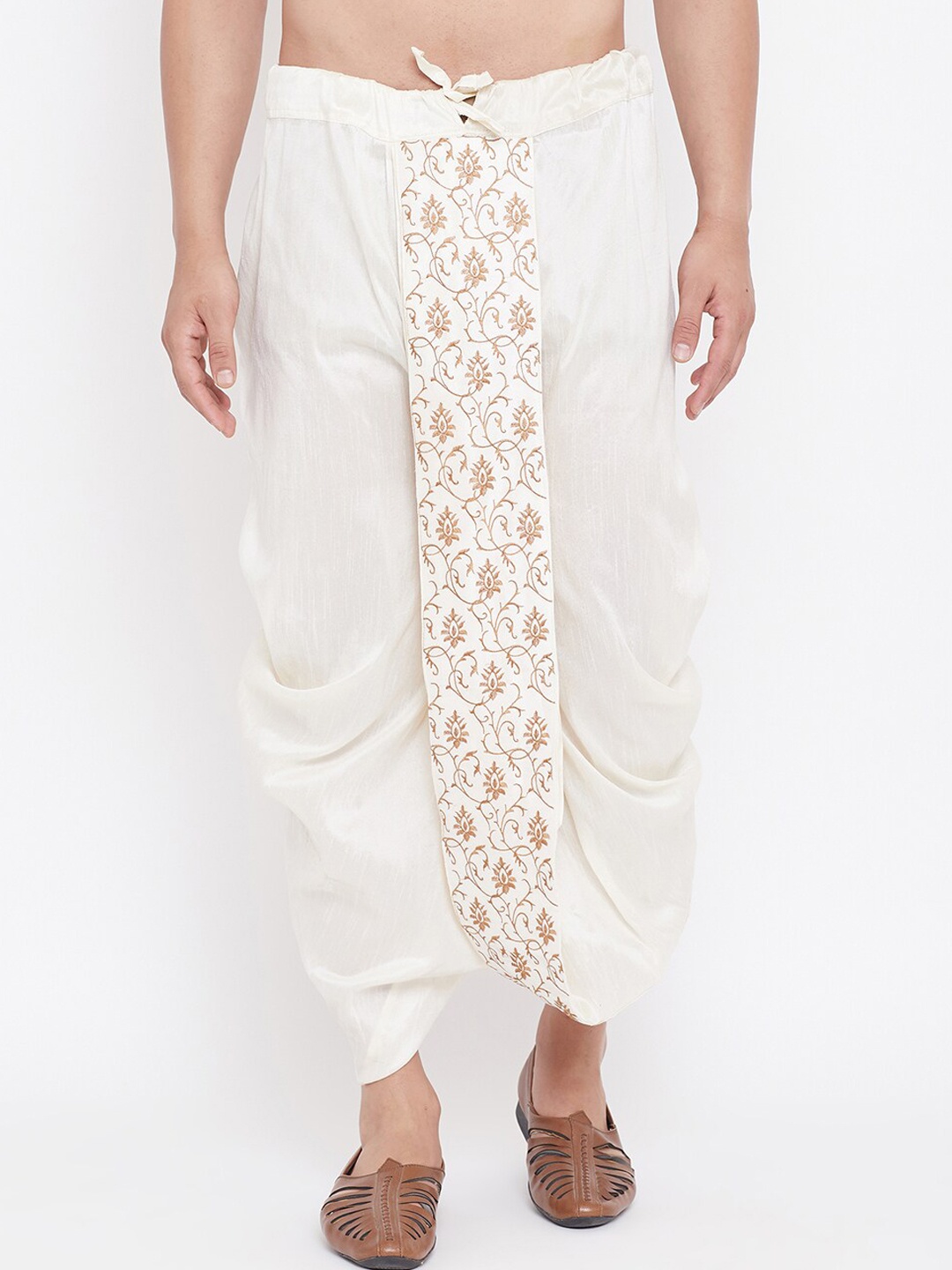 

VASTRAMAY Men Cream-Coloured & Beige Embroidered Dhoti