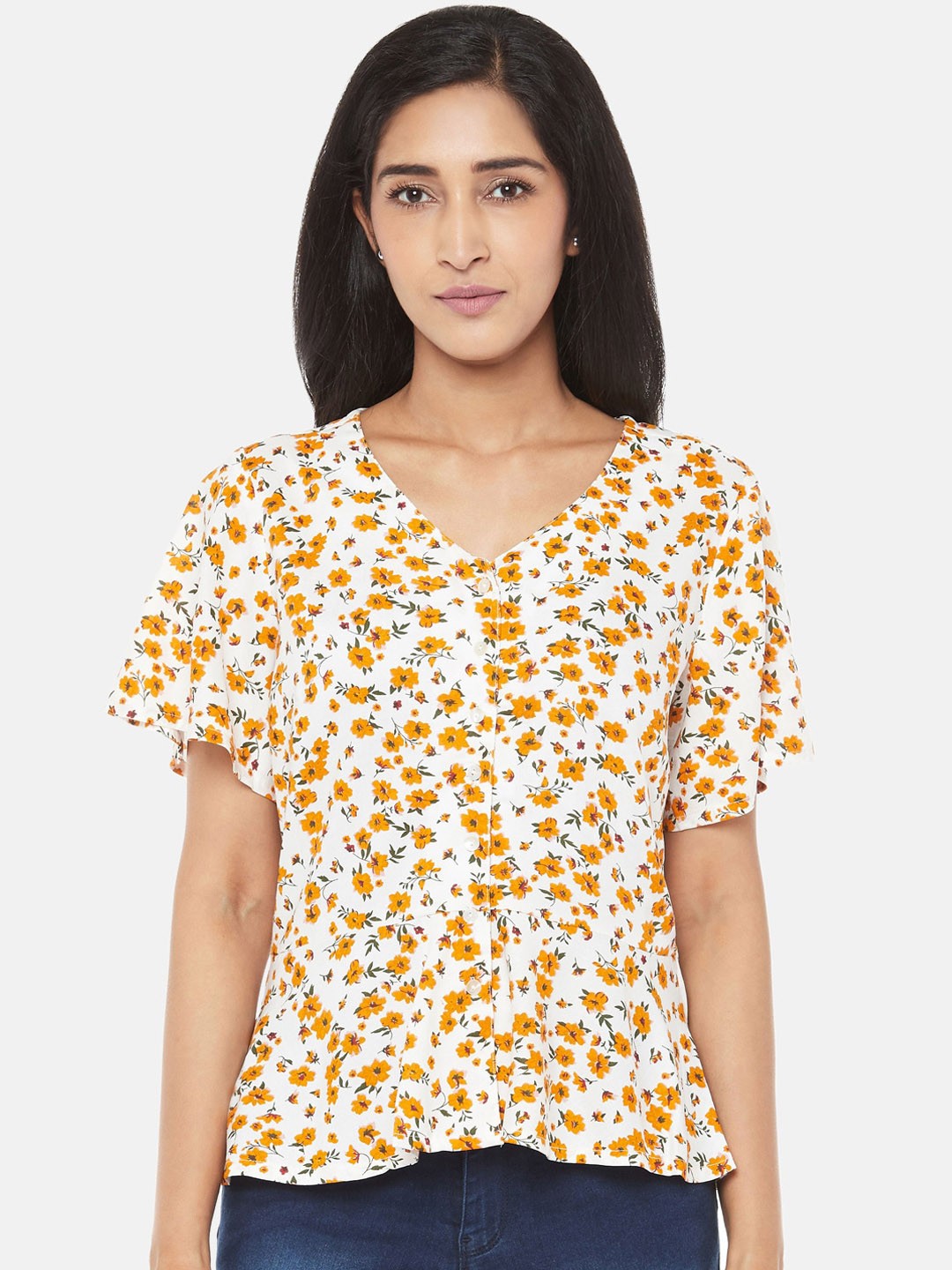 

Honey by Pantaloons White & Yellow Floral Printed Flared Sleeves Peplum Top