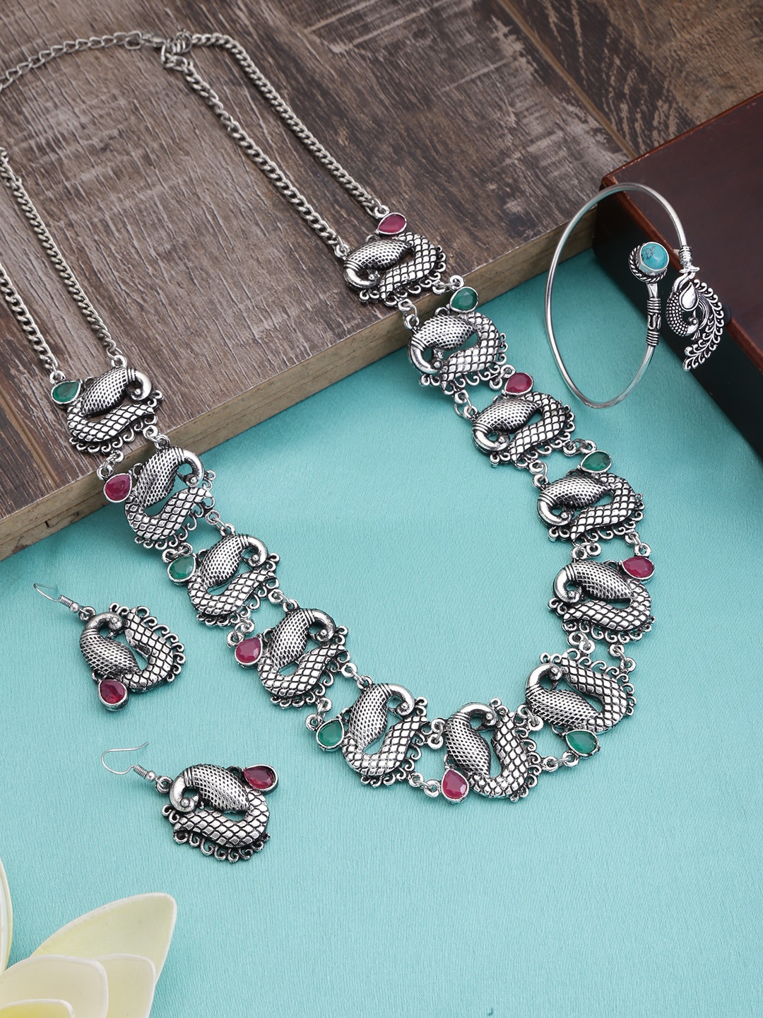

Fida Oxidized Silver-Plated Magenta Pink & Green Stone-Studded Handcrafted Jewellery Set