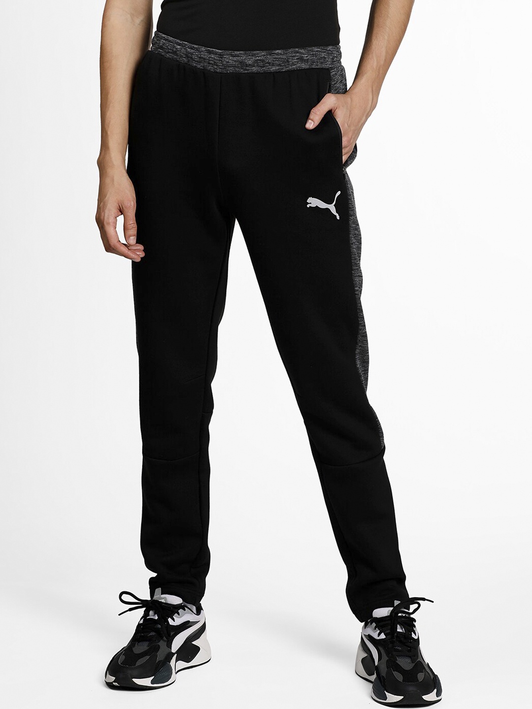 

Puma Men Black & Grey Striped EVOSTRIPE Slim Fit Track Pants
