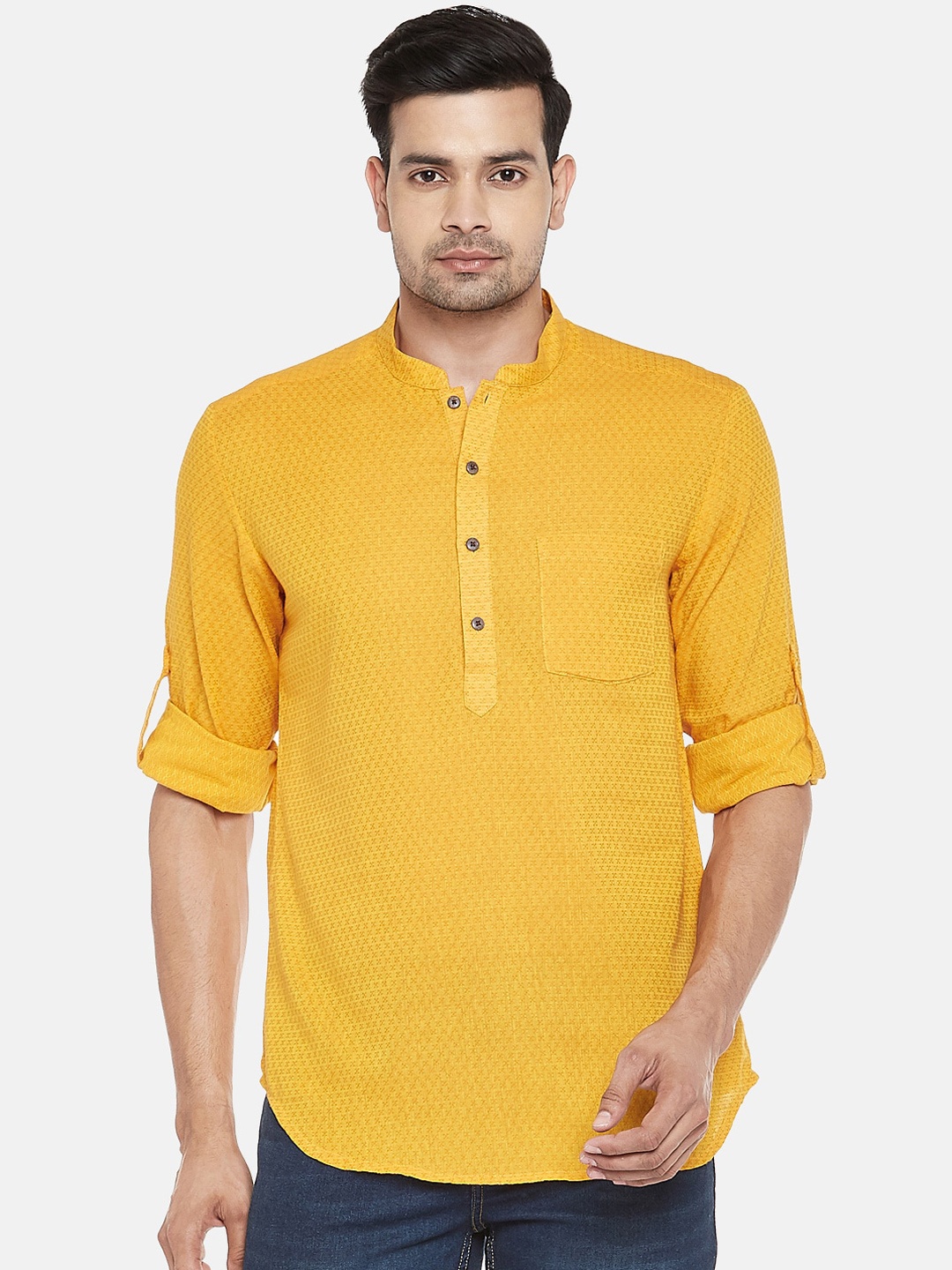 indus route by Pantaloons Men Mustard Yellow Dobby Cotton Kurta