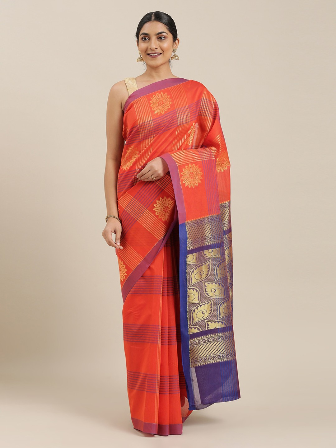 The Chennai Silks Red Silk Cotton Woven Design Maheshwari Saree