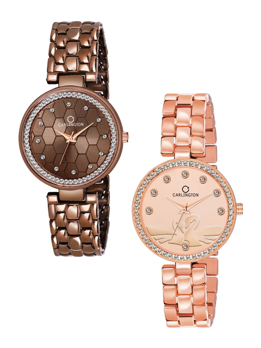 

CARLINGTON Set of 2 Women Analogue Watch Combo Hexa Brown and Duck RoseGold