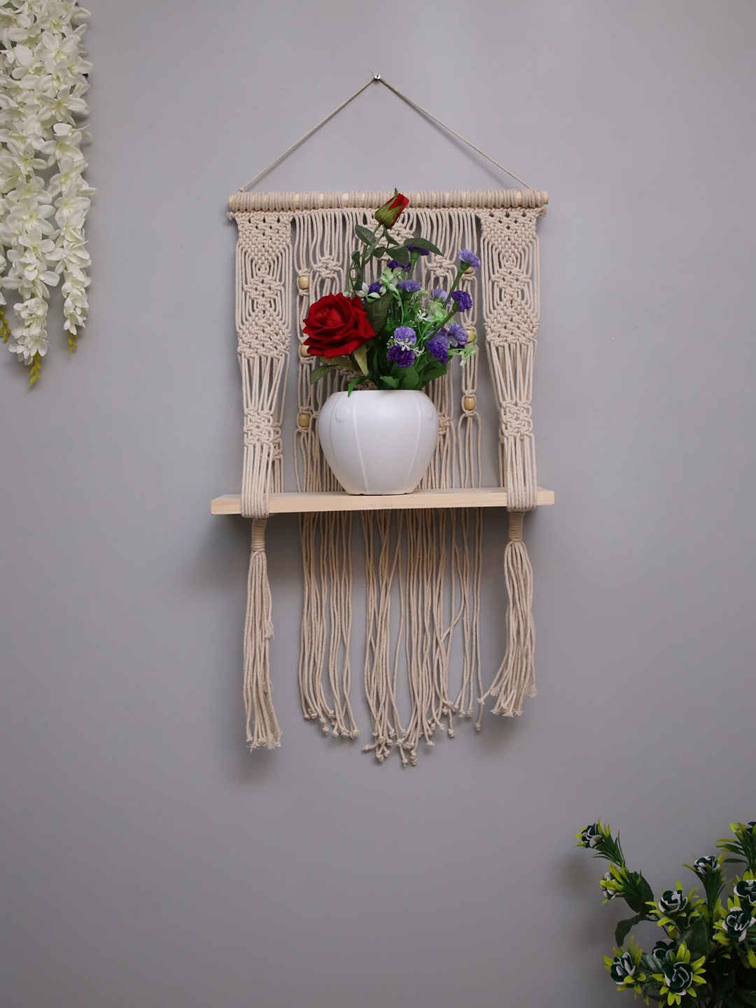 

Homesake Beige Solid Hand-Made Macrame Hanging Shelf Wall Decor