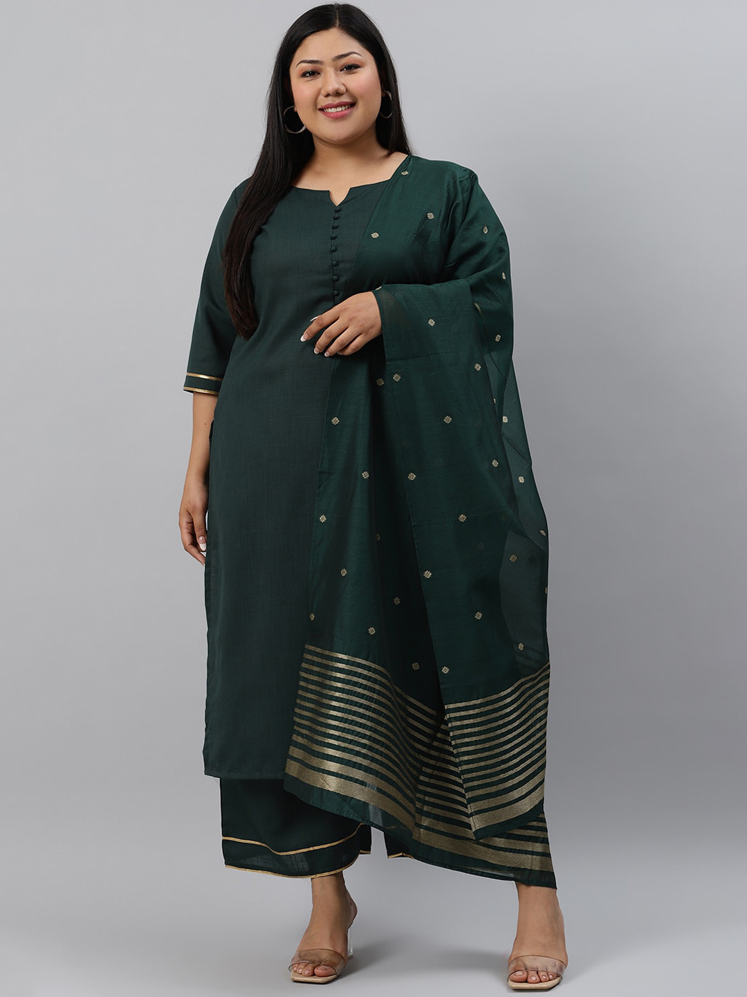 

EXTRA LOVE BY LIBAS Women Green Pure Cotton Kurta with Palazzos & With Dupatta