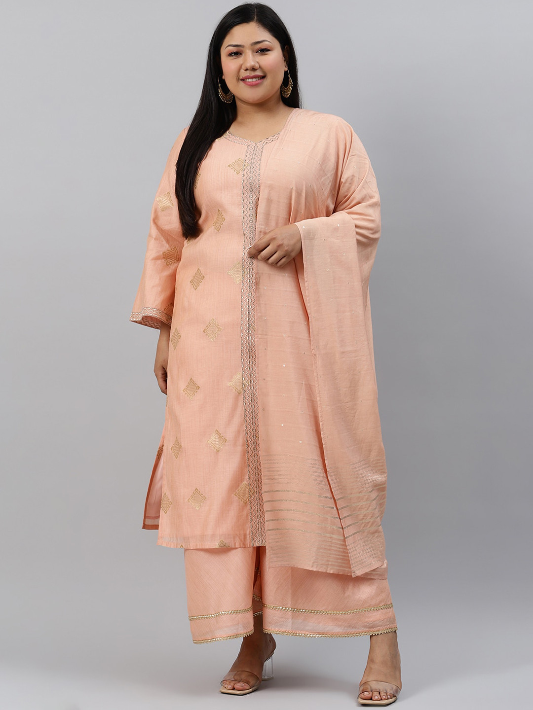 

EXTRA LOVE BY LIBAS Women Plus Size Peach-Coloured Kurta with Palazzos & Dupatta