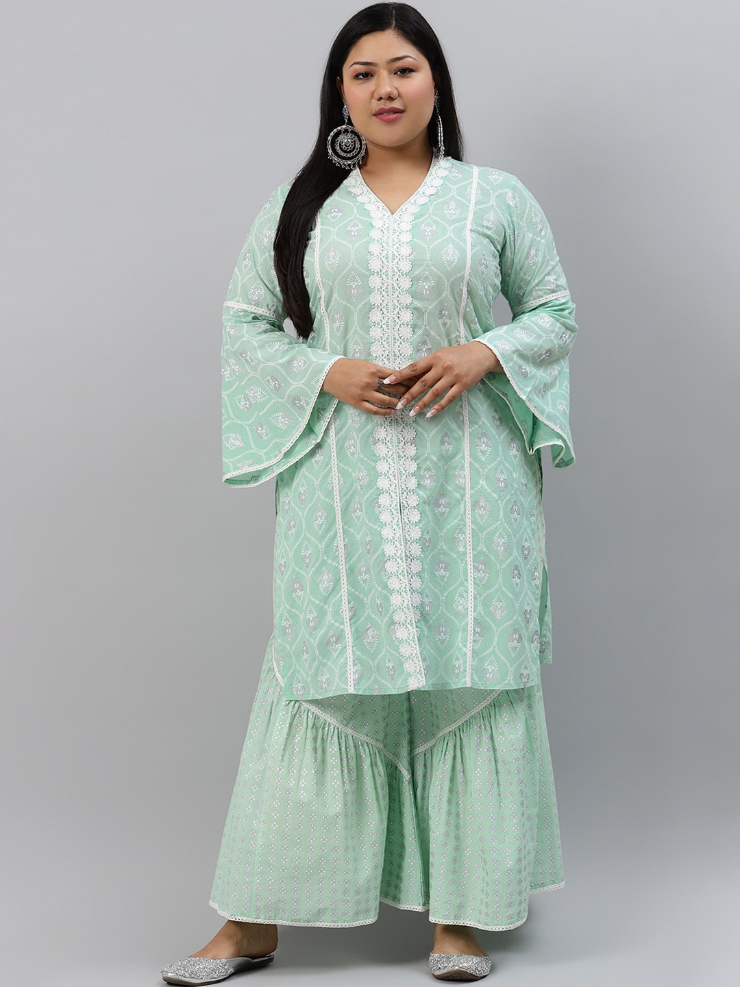 

EXTRA LOVE BY LIBAS Women Green Ethnic Motifs Printed Pure Cotton Kurta with Sharara