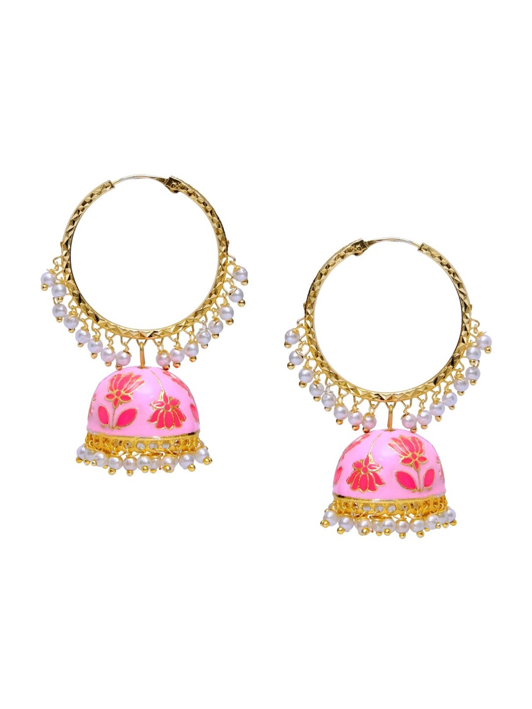 

Crunchy Fashion Pink & White Gold-Plated Beaded Meenakari Dome Shaped Jhumkas