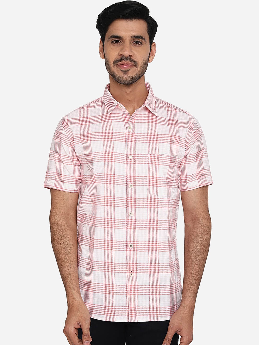 

JADE BLUE Men White Slim Fit Checked Pure Cotton Casual Shirt