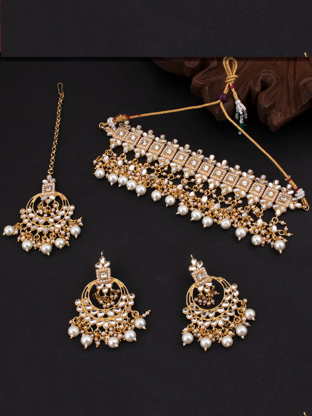 Sukkhi Gold-Plated White Pearl Beaded & Stone-Studded Sustainable Jewellery Set