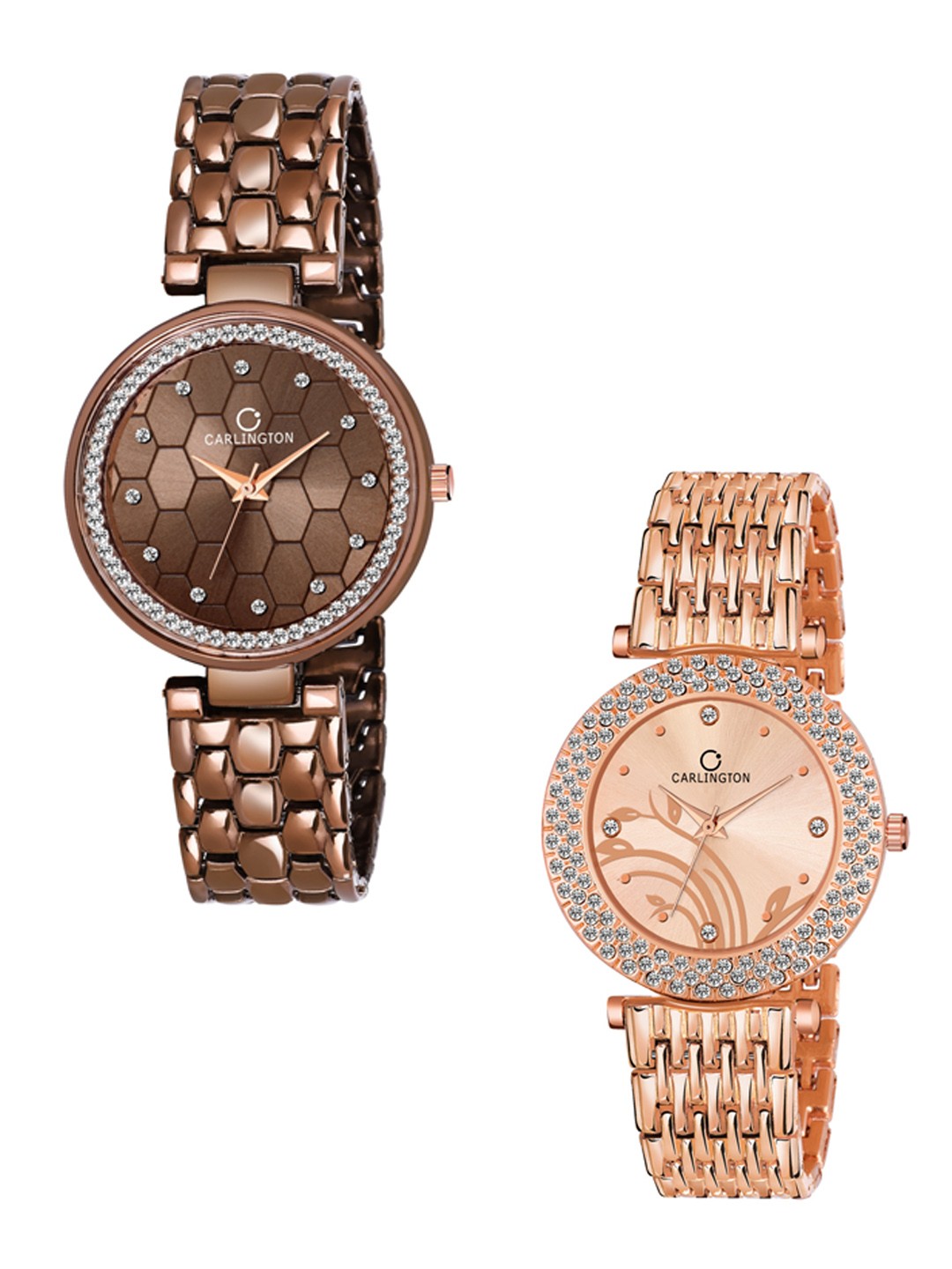 

CARLINGTON Unisex Set Of 2 Analogue Watch Combo Hexa Brown and 105 RoseGold