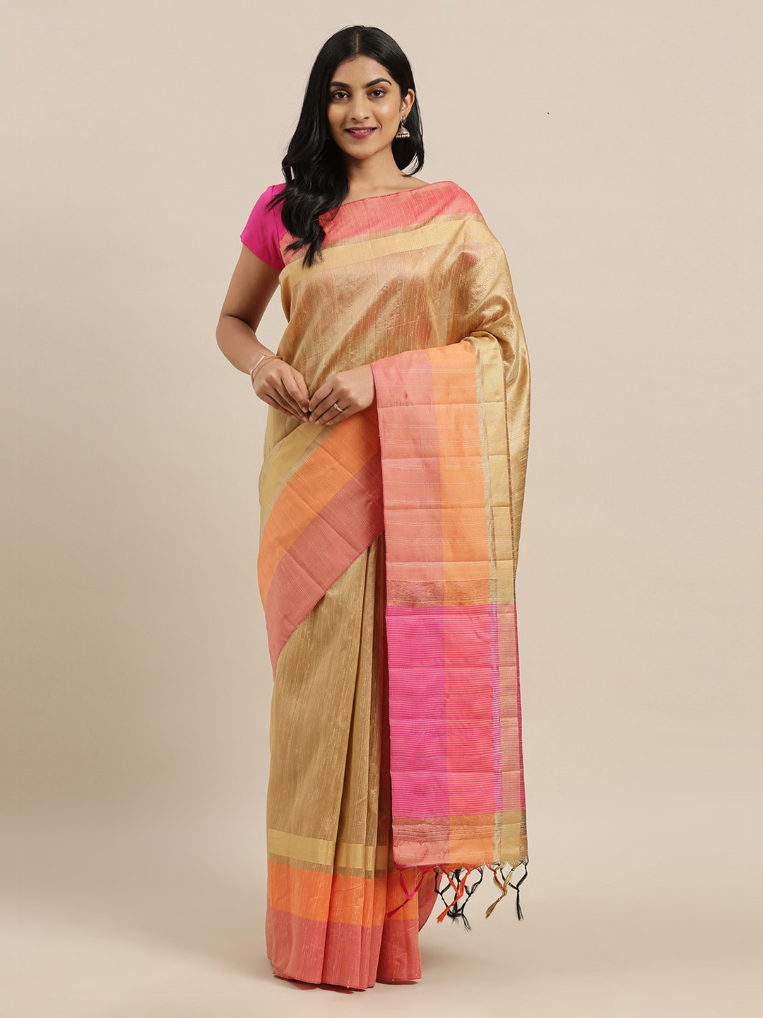 

The Chennai Silks Beige & Pink Viscose Rayon Solid Banarasi Saree