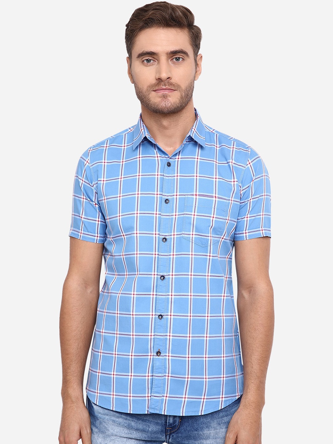 

JADE BLUE Men Blue Pure Cotton Slim Fit Checked Casual Shirt