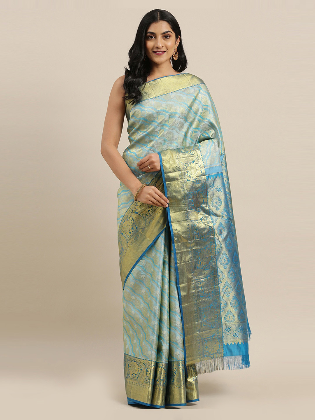 

The Chennai Silks Blue & Gold-Toned Pure Silk Woven Design Kanjeevaram Saree
