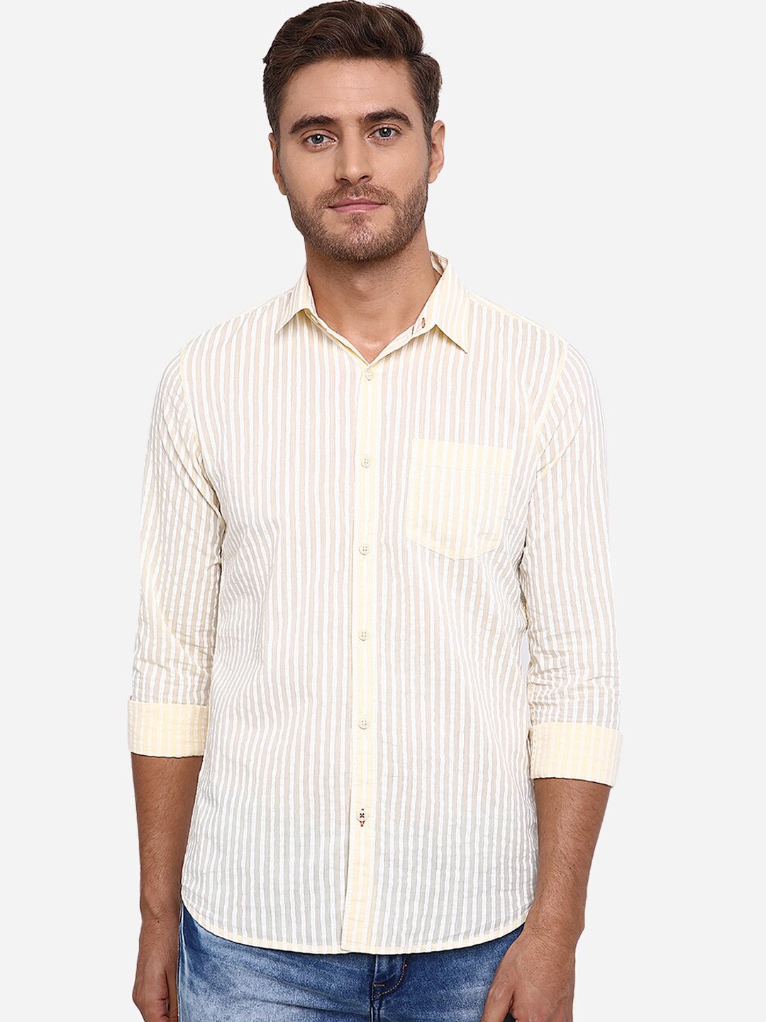 

JADE BLUE Men Beige Pure Cotton Slim Fit Striped Casual Shirt