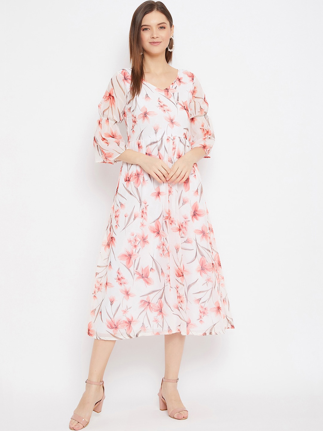 

Bitterlime Women White & Pink Floral Printed A-Line Dress