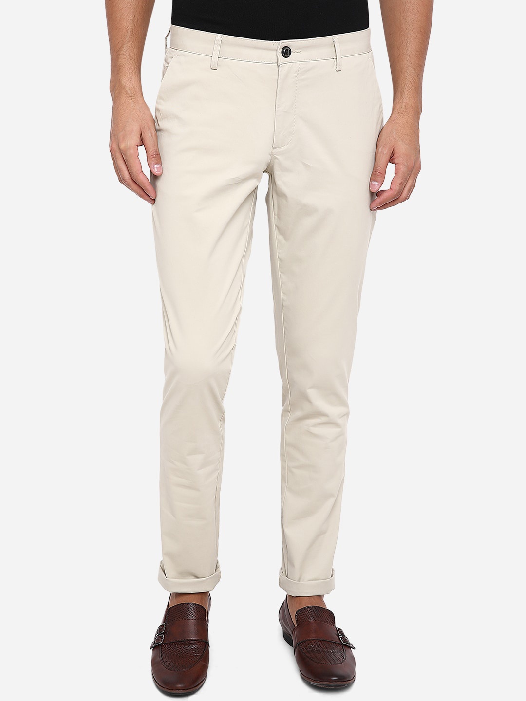 

JADE BLUE Men Beige Slim Fit Solid Pure Cotton Trousers
