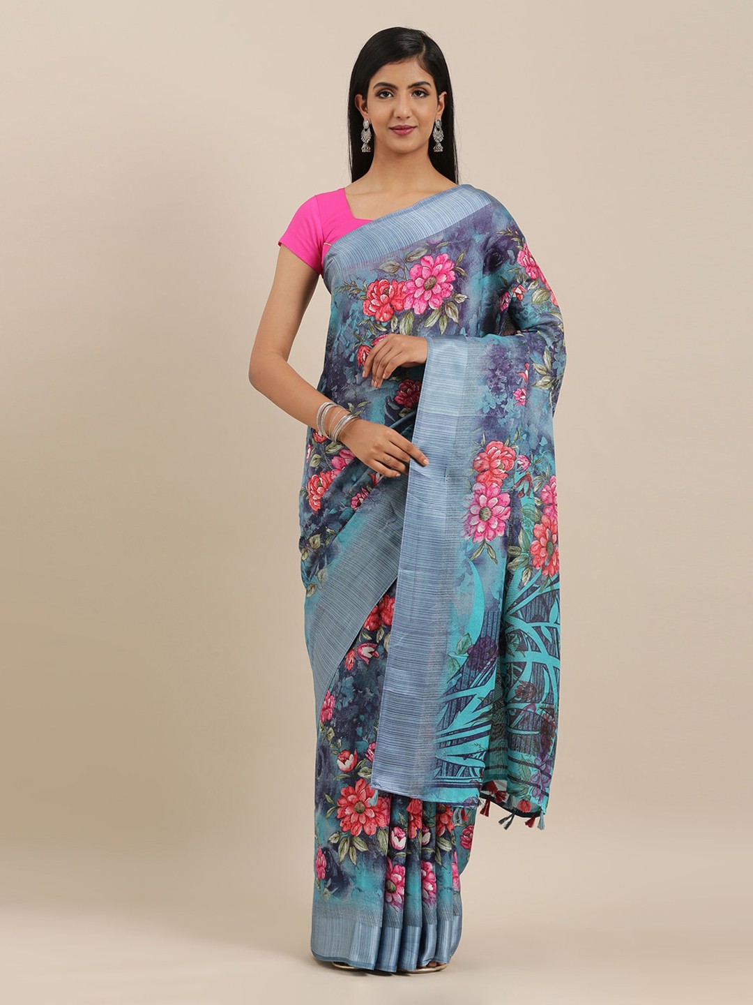 

The Chennai Silks Blue & Pink Polyester Printed Bhagalpuri Saree