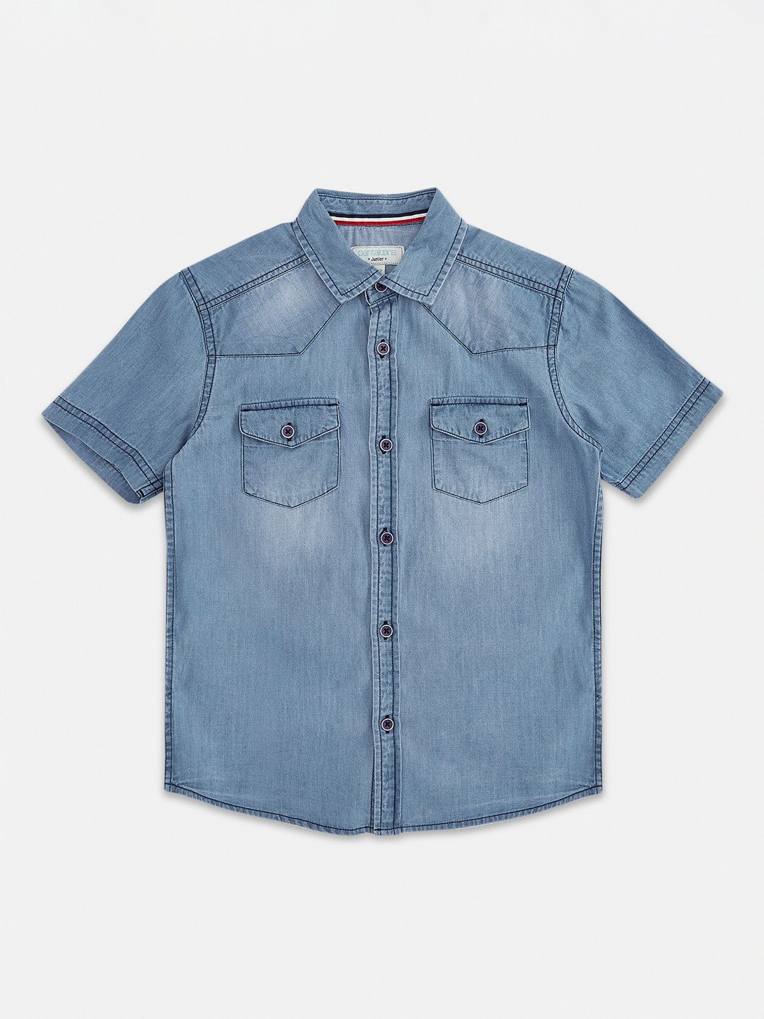 

Pantaloons Junior Boys Blue Regular Fit Faded Pure Cotton Denim Casual Shirt
