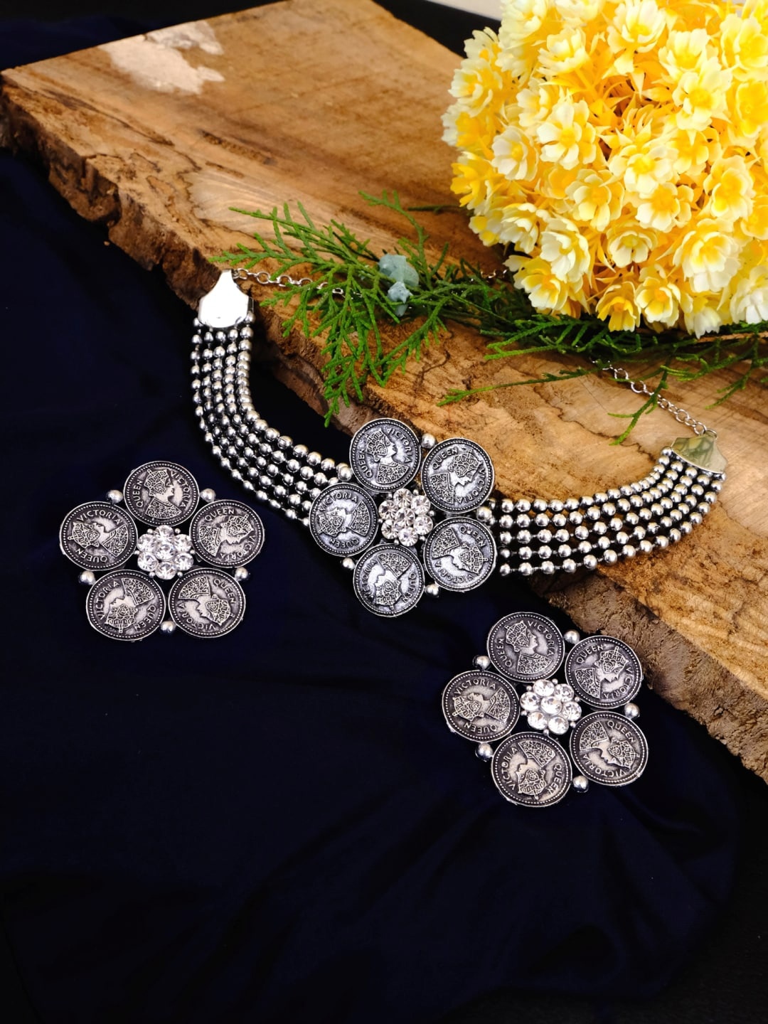 

Crunchy Fashion Oxidised Silver-Plated White Stone-Studded Jewellery Set
