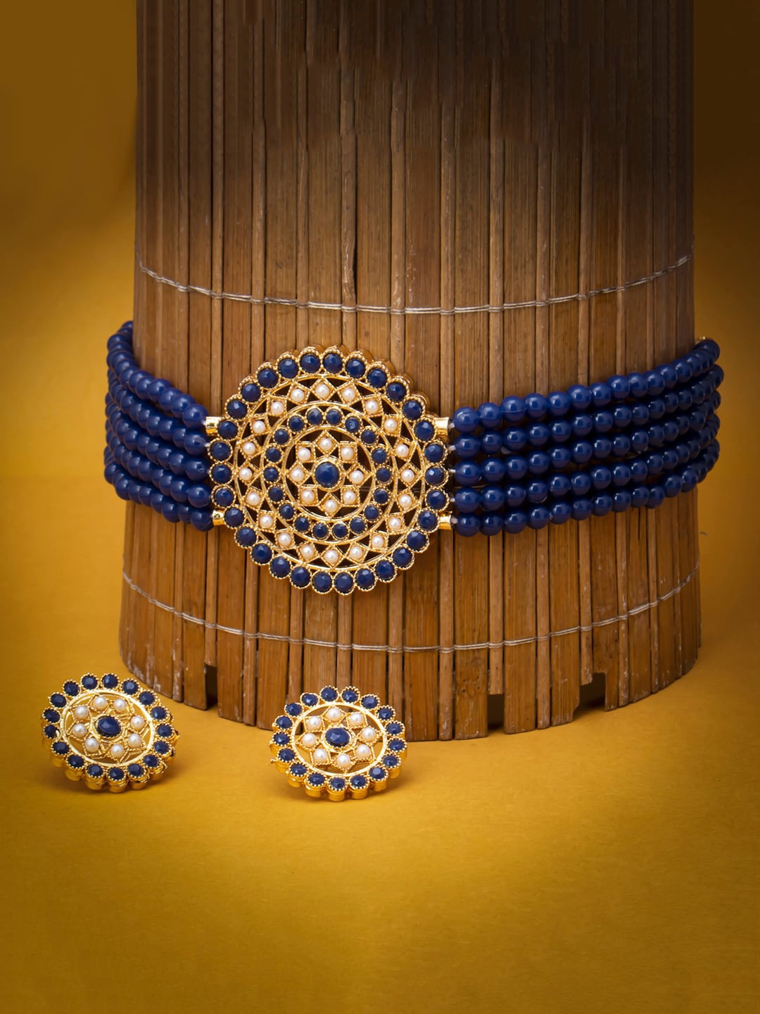 Sukkhi Gold-Plated Blue & White Pearl-Studded Beaded Sustainable Jewellery Set