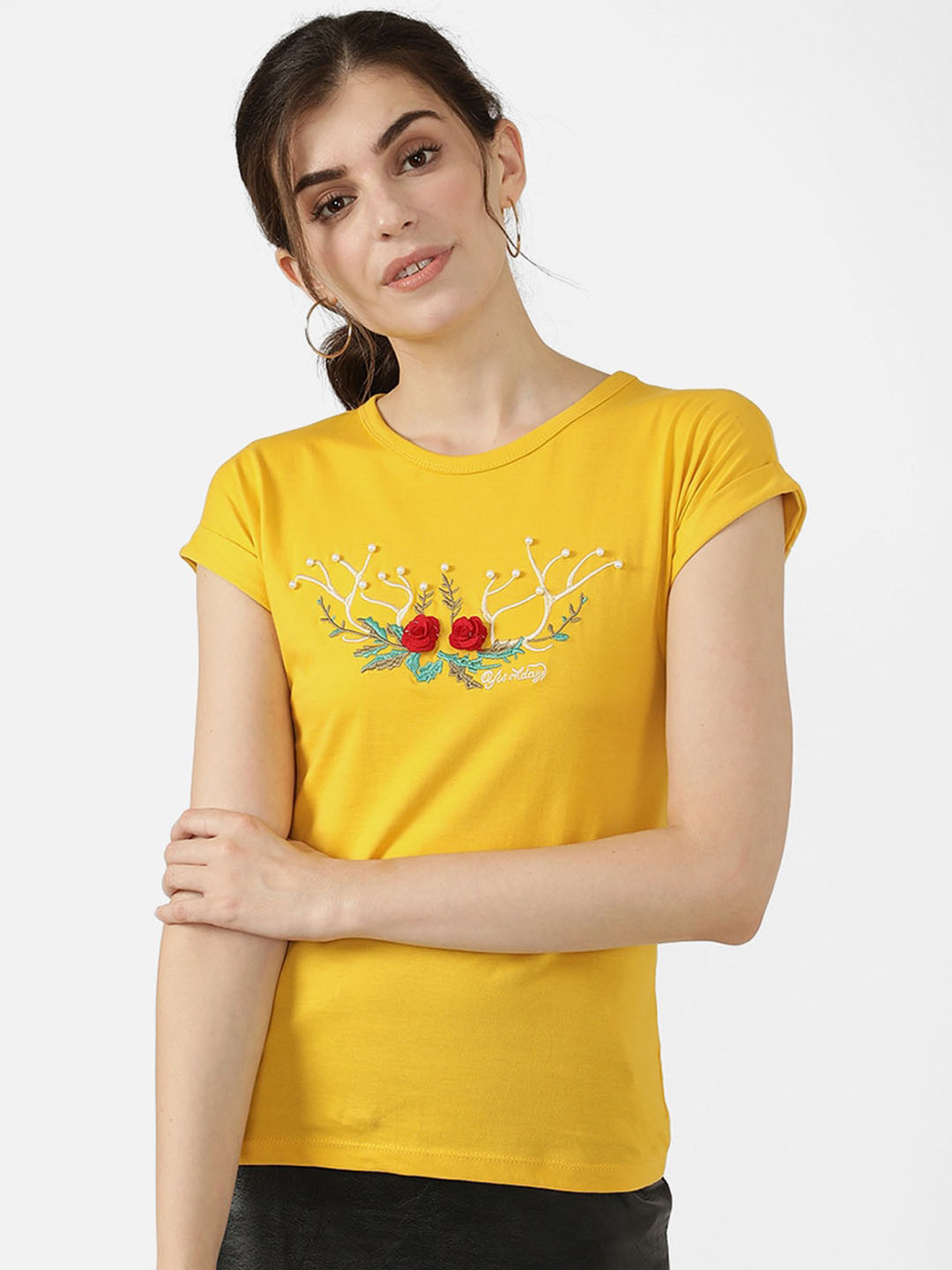 

V2 Value & Variety Mustard Yellow Embellished Pure Cotton Chambray Regular Top