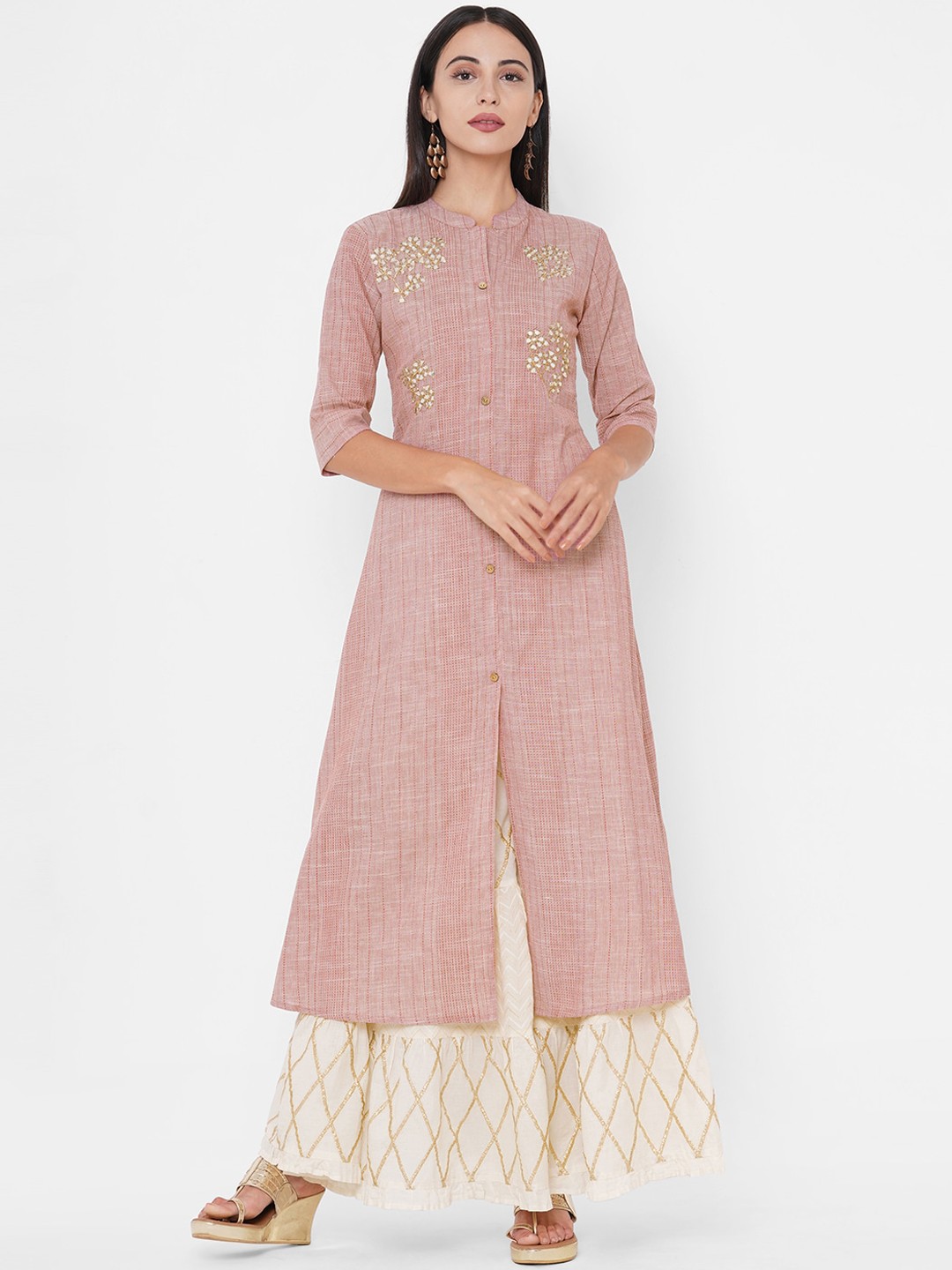 

FASHOR Women Red Self Striped Thread Work Kurta, Mauve