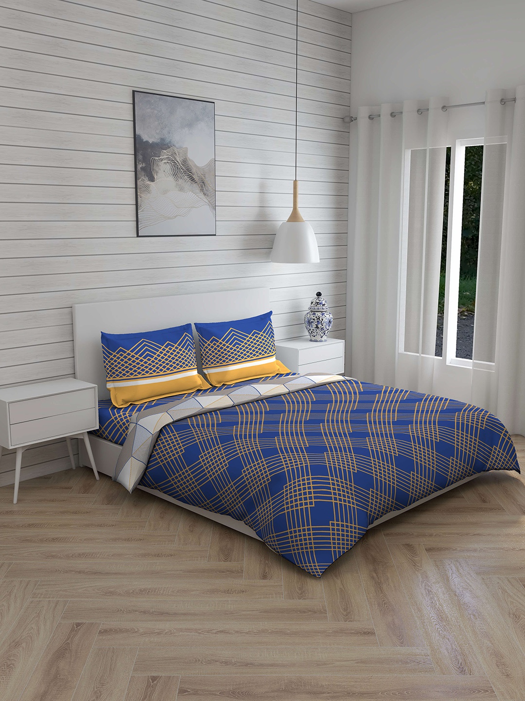 

Layers Blue & Yellow Checked 140 TC Double Queen Bedding Set