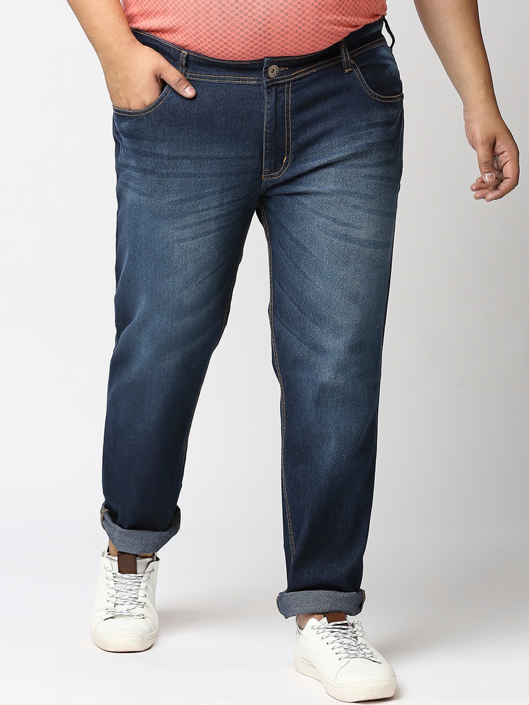

Freeform by High Star Men Plus Size Navy Blue Solid Regular Fit Plus Size Jeans