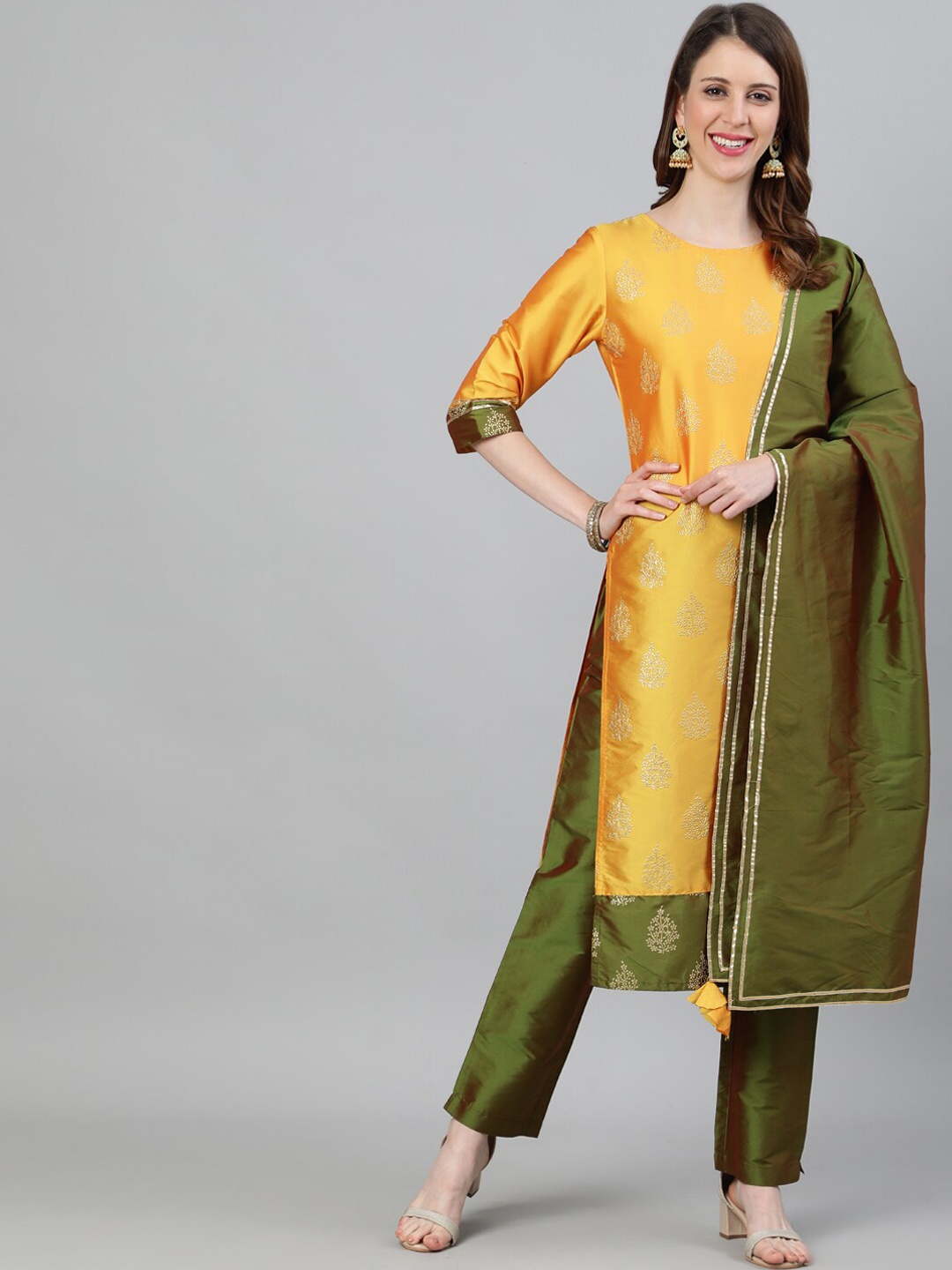 

Jaipur Kurti Women Mustard Yellow & Green Floral Kurta with Trouser & With Dupatta