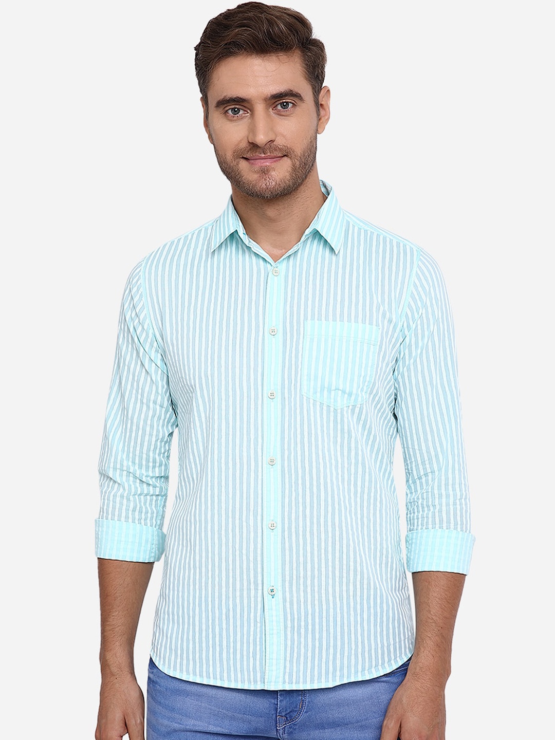 

JADE BLUE Men Blue Slim Fit Striped Pure Cotton Casual Shirt