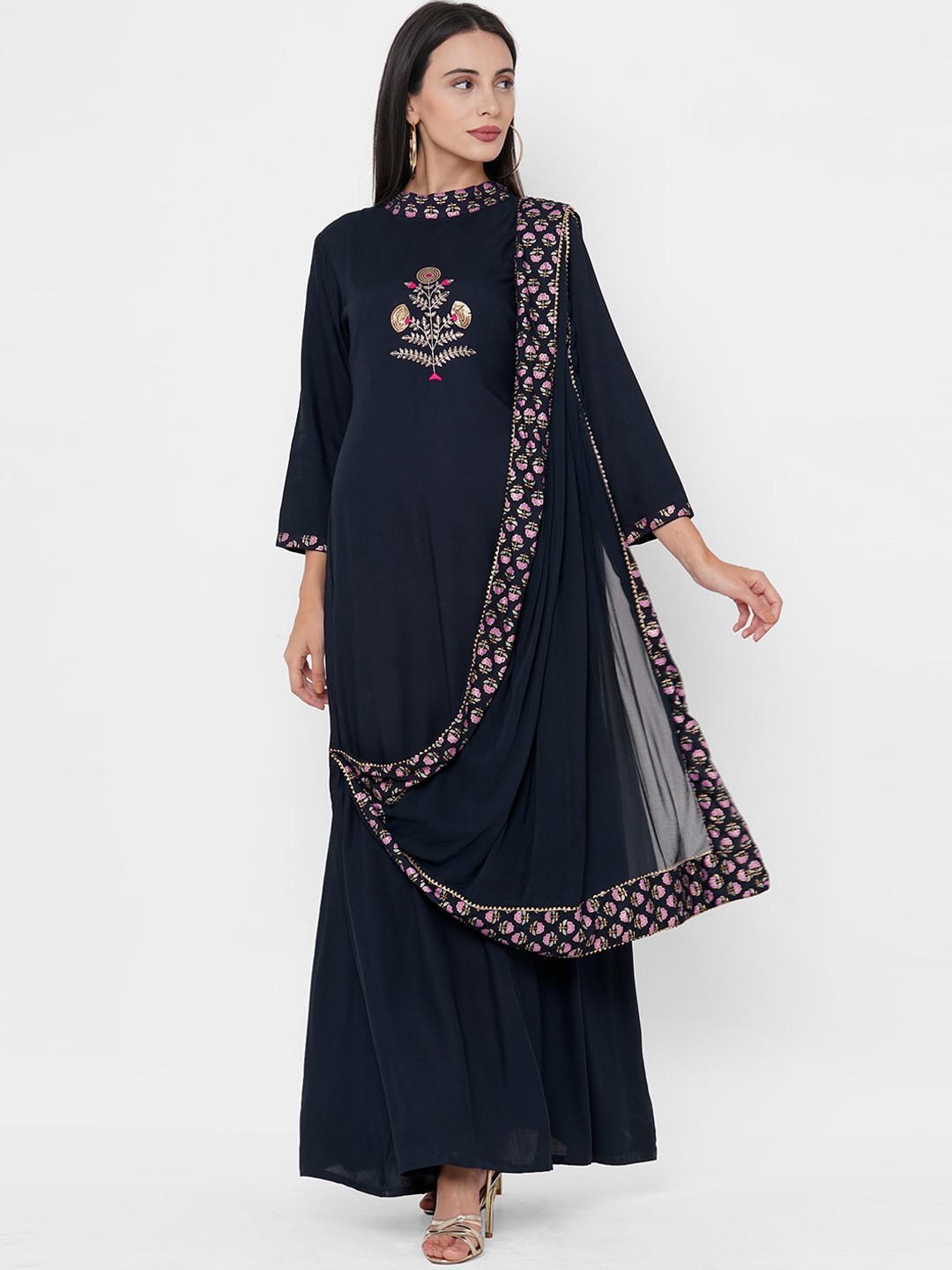 

FASHOR Women Navy Blue Self Design Maxi Dress