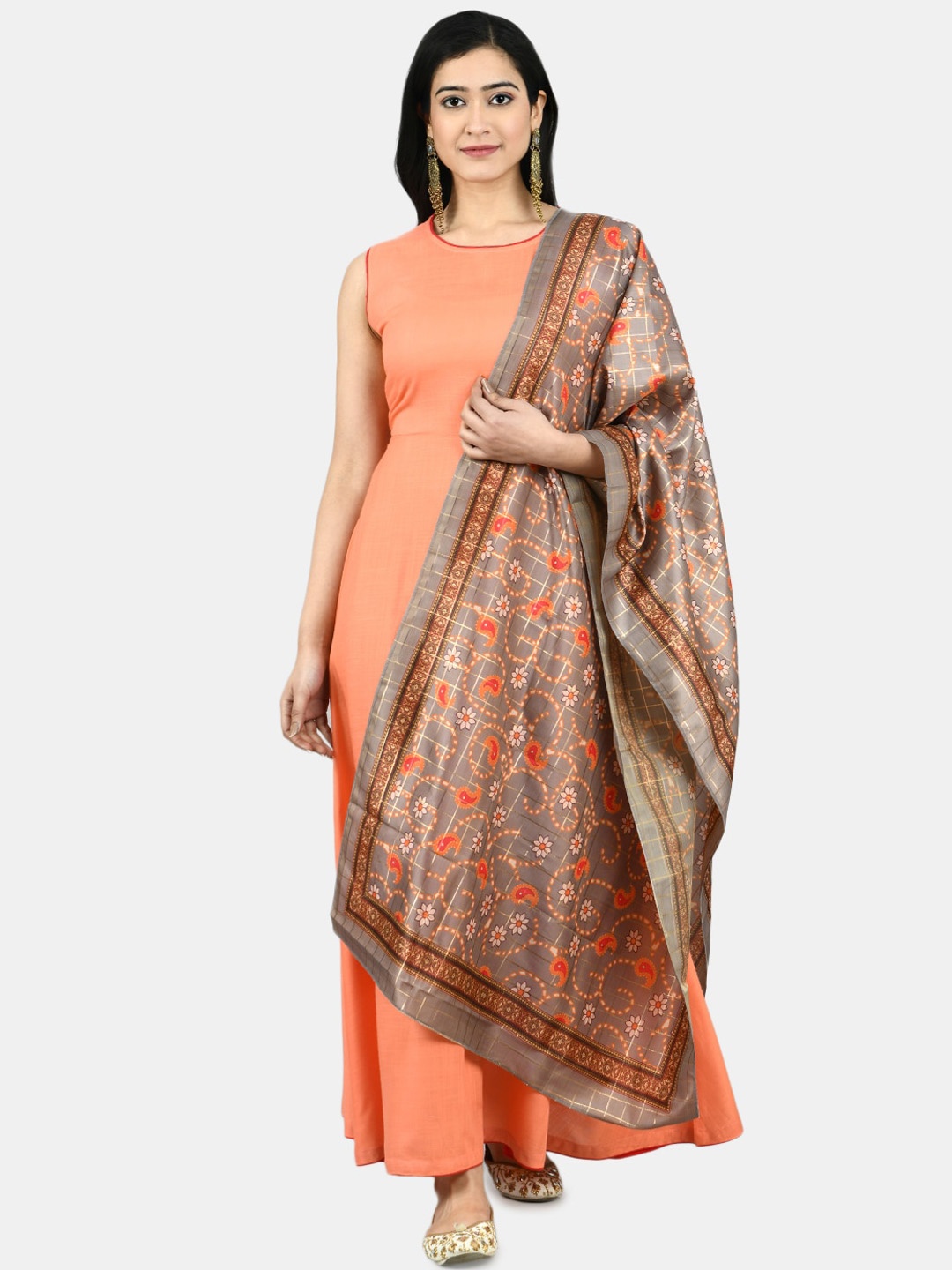 

Myshka Women Peach-Coloured Solid Maxi Dress With Dupatta