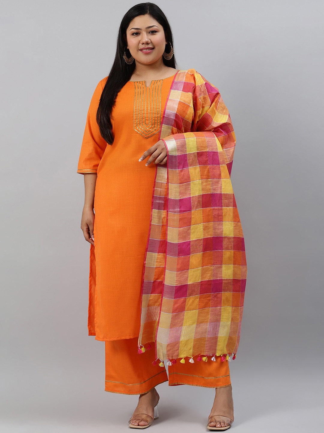 

EXTRA LOVE BY LIBAS Women Plus Size Orange Yoke Design Kurta with Palazzos & Dupatta