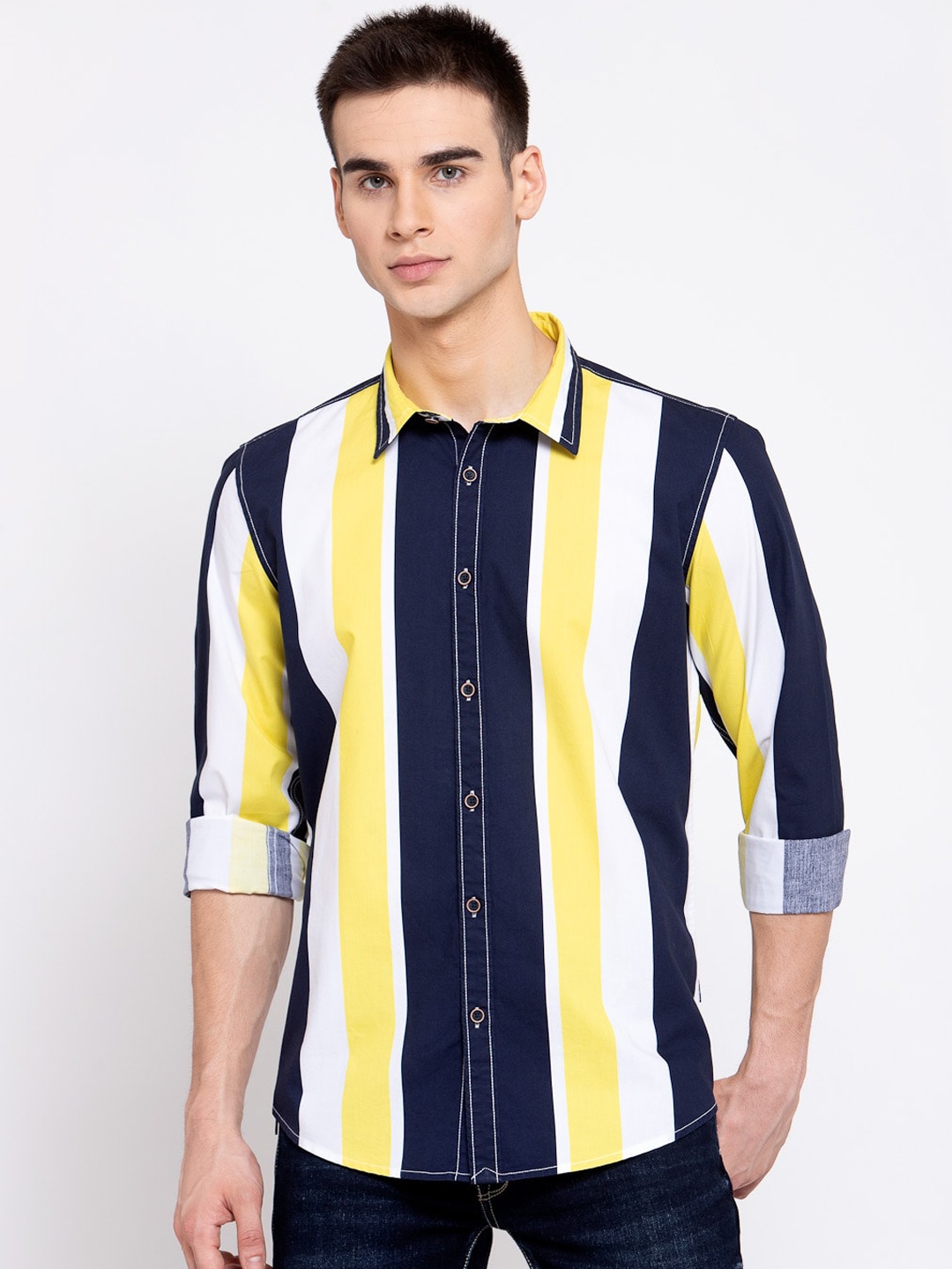 

Pepe Jeans Men Navy Blue Pure Cotton Regular Fit Striped Casual Shirt