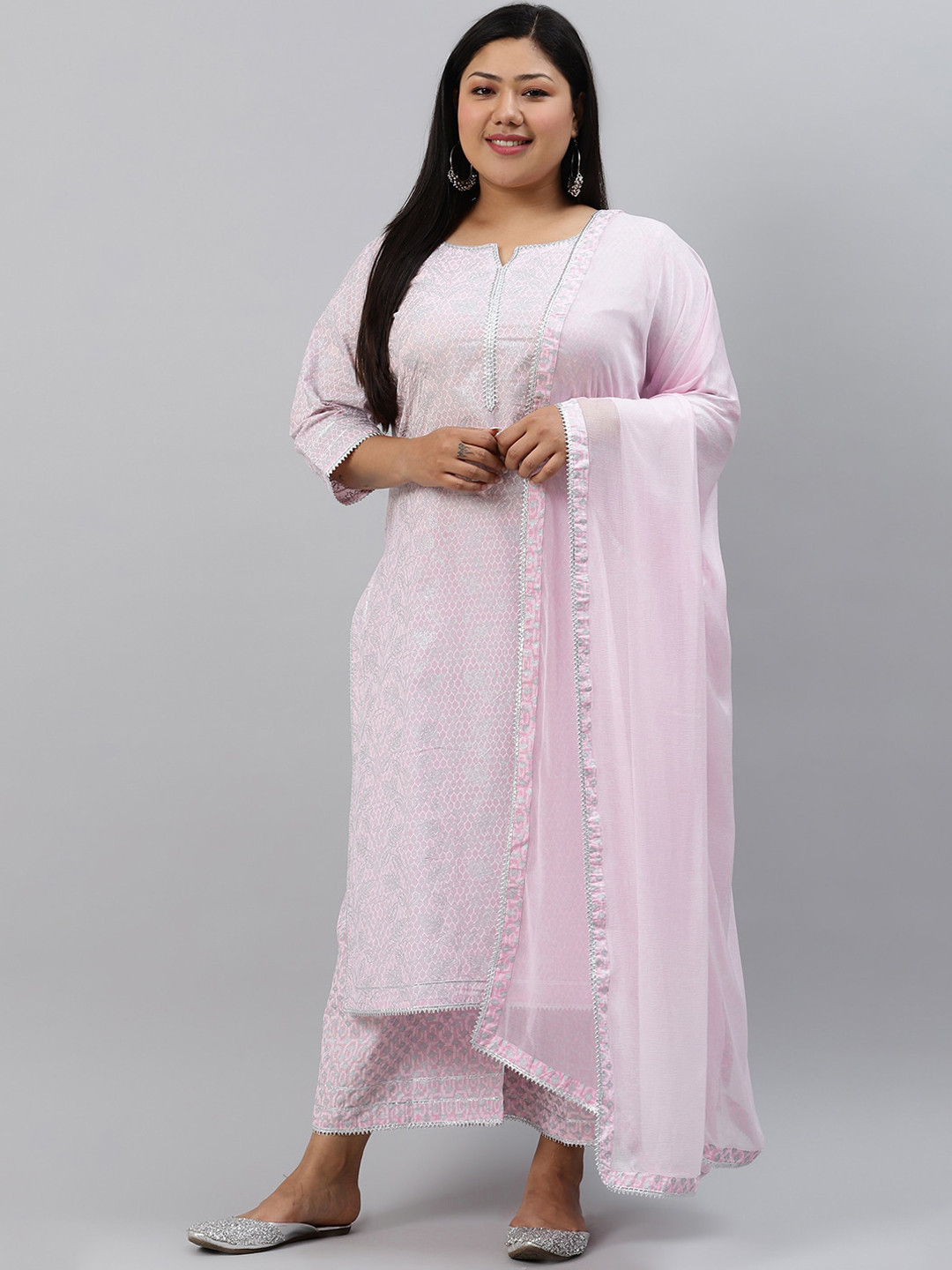 

EXTRA LOVE BY LIBAS Women Pink Printed Pure Cotton Kurta with Palazzos & With Dupatta
