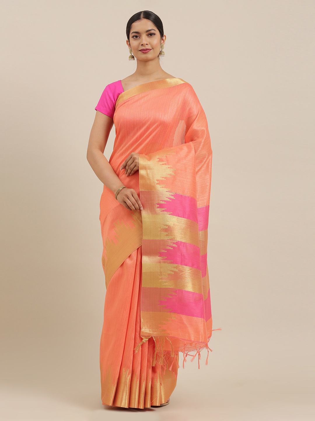 

The Chennai Silks Orange & Pink Viscose Rayon Solid Saree