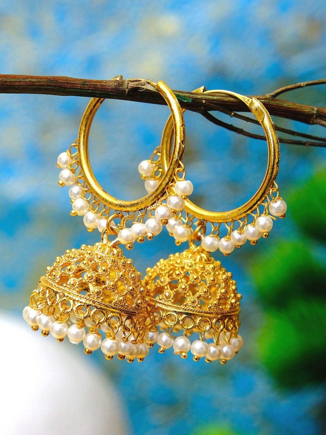 

Crunchy Fashion Gold-Plated White Beaded Handcrafted Dome Shaped Jhumkas
