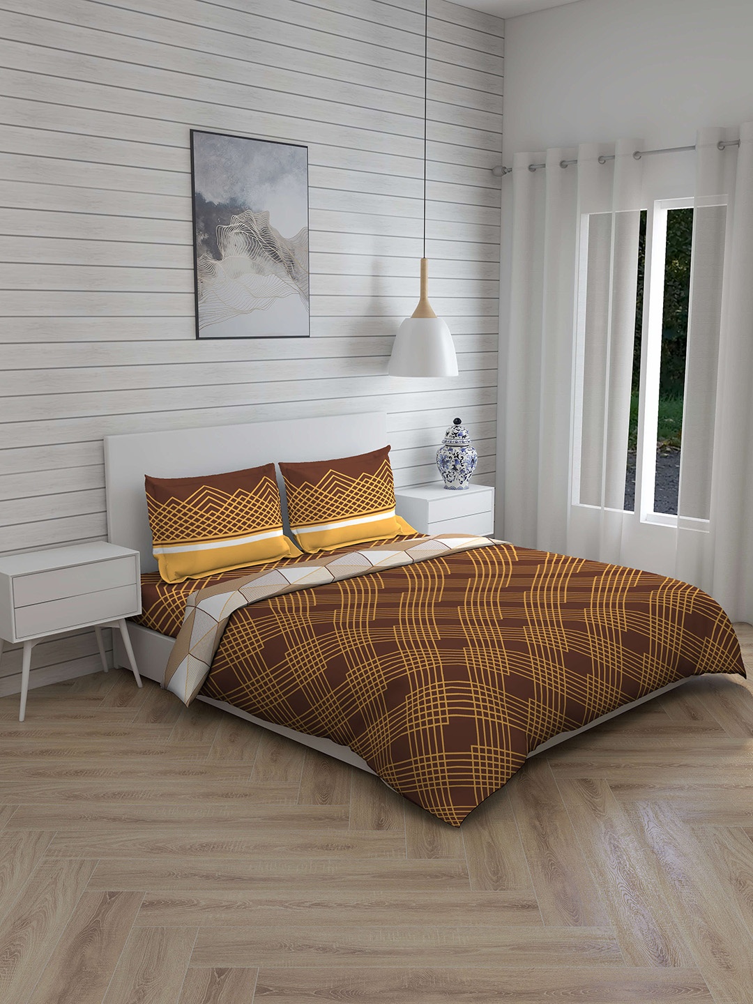 

Layers Brown & Yellow Printed 140 TC Double Queen Bedding Set With Comforter
